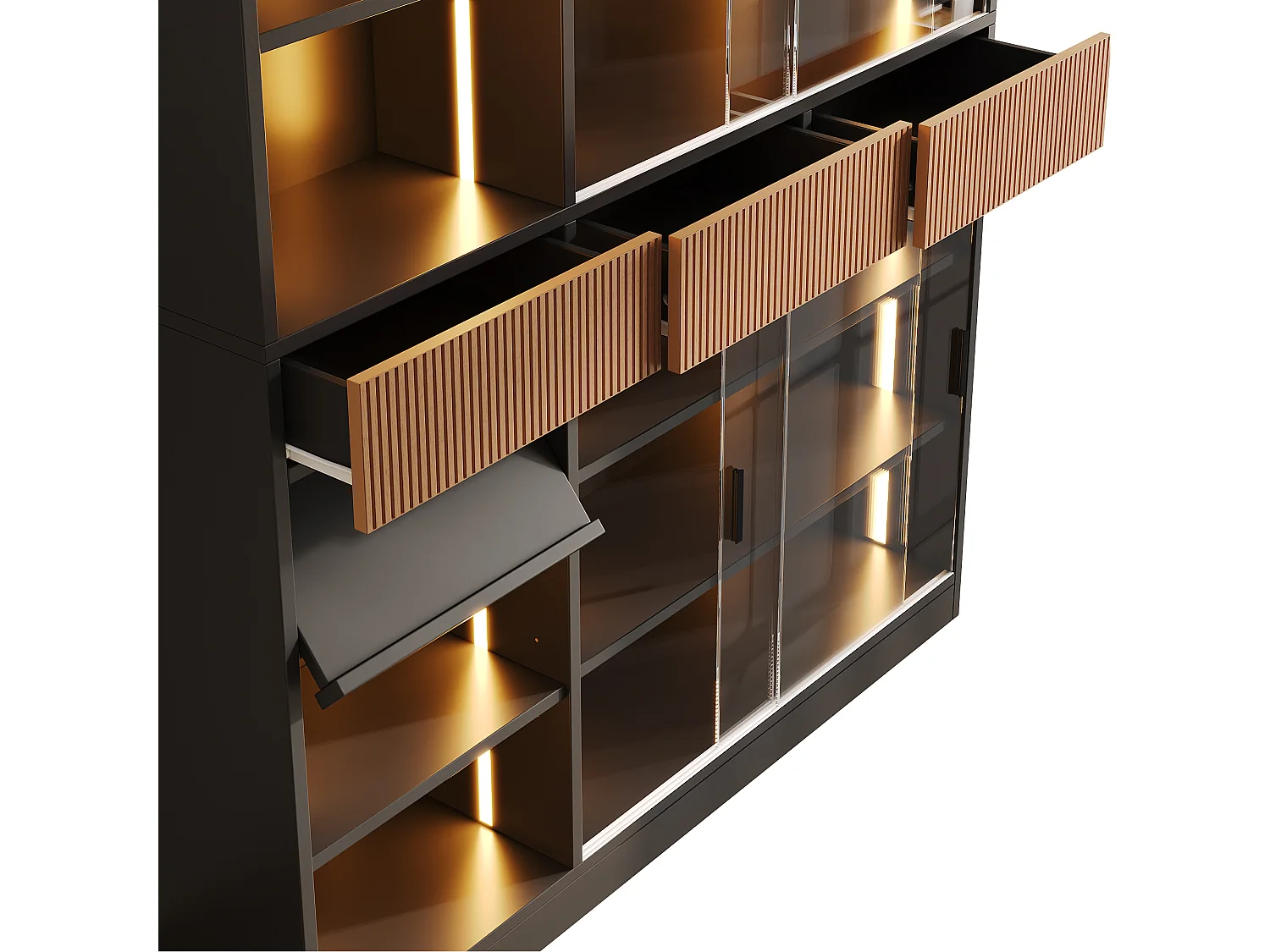 Vitrine mit LED-Beleuchtung, 4 Glasschiebetüren, 3 Schubladen und einem Klappboden – MDF und Glas – 120 x 28,5 x 180 cm – Schwarz und Braun