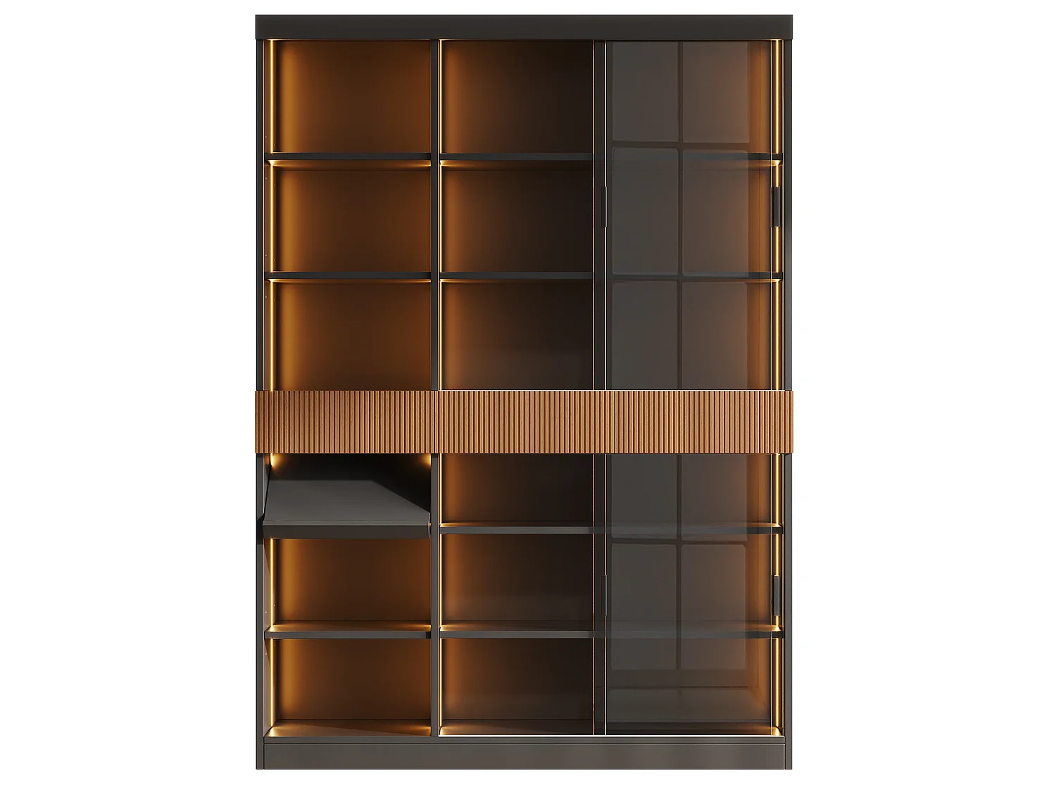 Vitrine mit LED-Beleuchtung, 4 Glasschiebetüren, 3 Schubladen und einem Klappboden – MDF und Glas – 120 x 28,5 x 180 cm – Schwarz und Braun