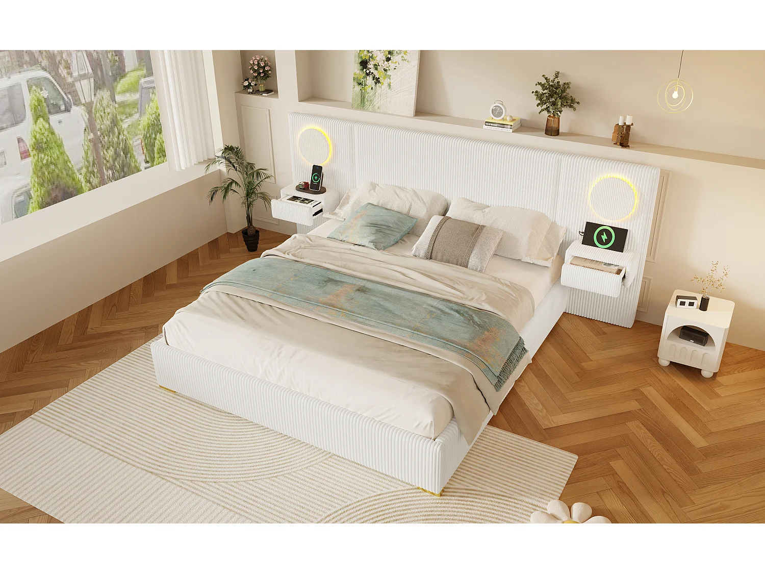 Łóżko tapicerowane 180 x 200 cm z zagłówkiem LED, portami USB i stolikami nocnymi z szufladami - MDF + Aksamit - Beżowe (Materac nie jest wliczony w cenę)