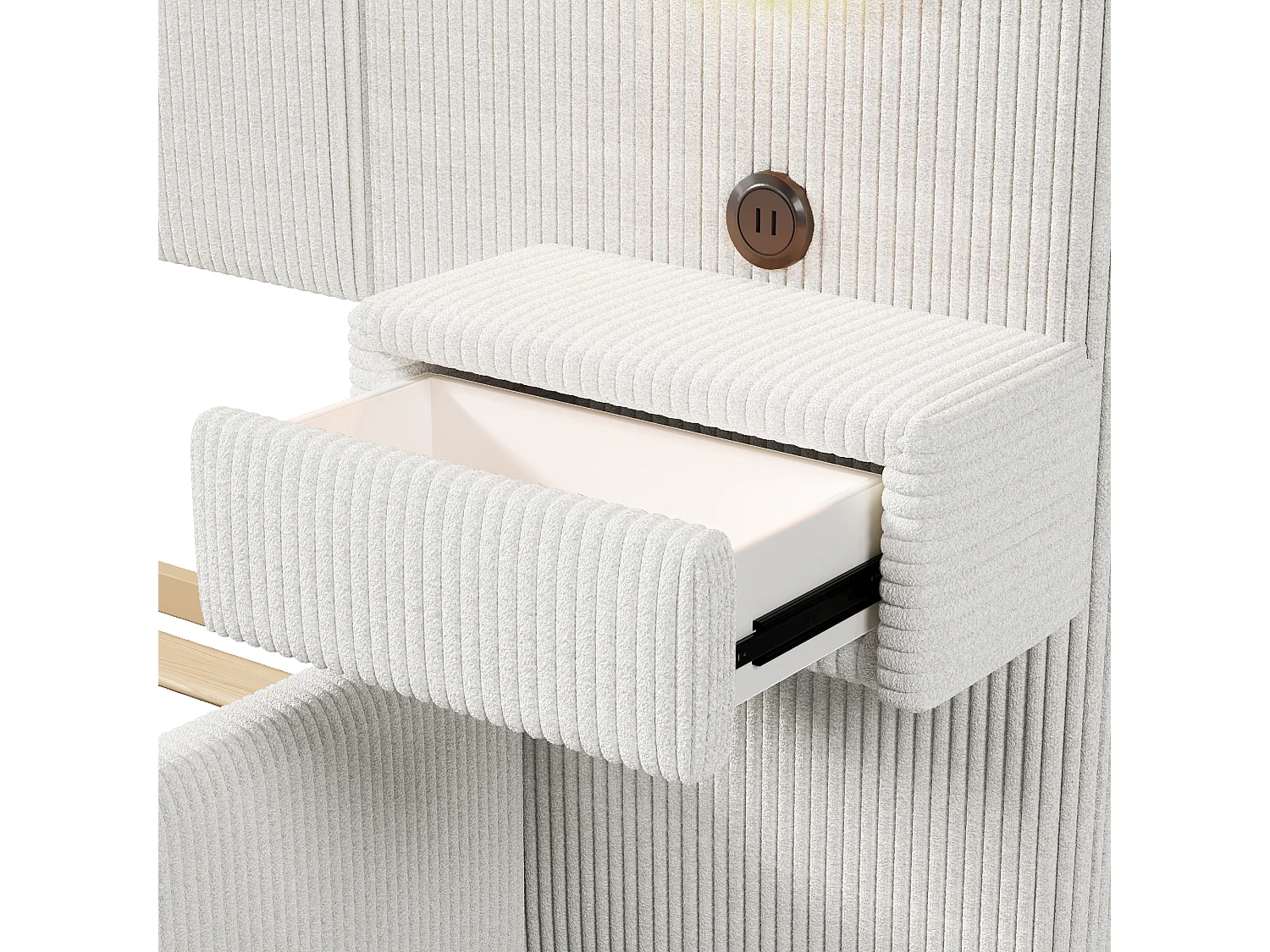 Łóżko tapicerowane 180 x 200 cm z zagłówkiem LED, portami USB i stolikami nocnymi z szufladami - MDF + Aksamit - Beżowe (Materac nie jest wliczony w cenę)