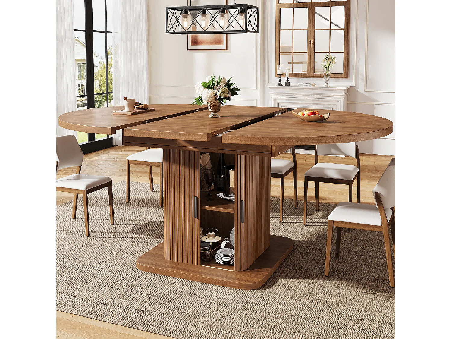 Table à manger ovale et extensible avec 2 portes coulissantes et étagère amovible - MDF et métal - 110/149,8 x 110 x 75 cm - Noyer