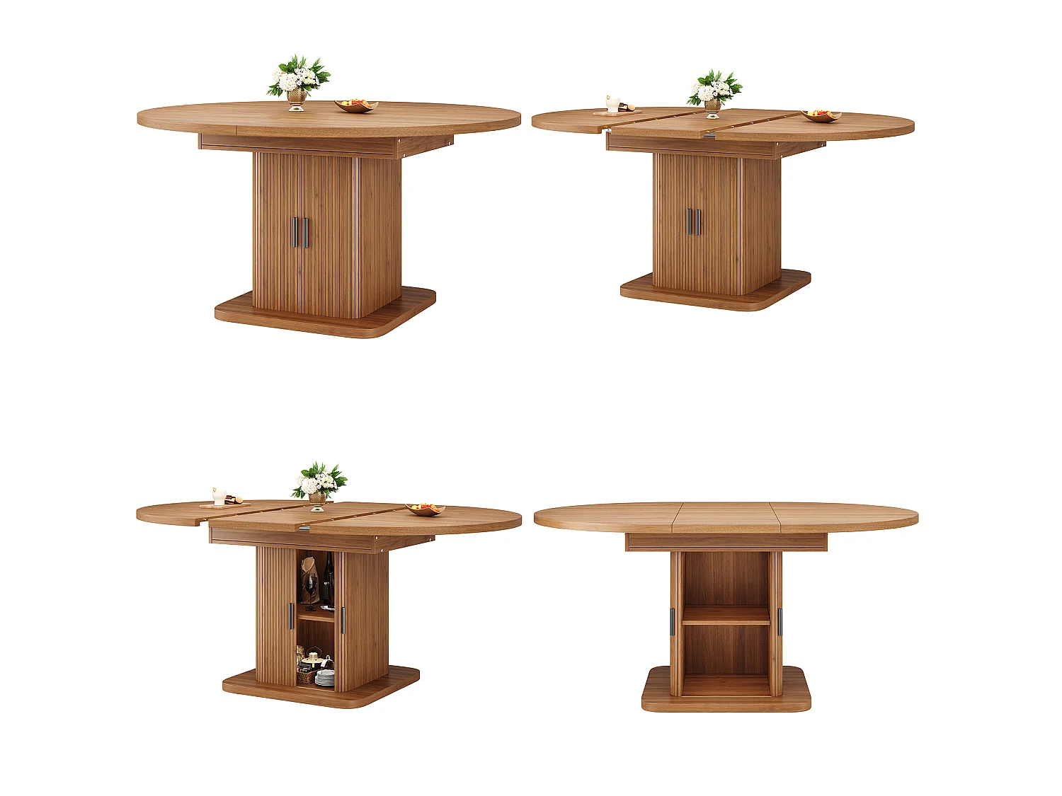 Table à manger ovale et extensible avec 2 portes coulissantes et étagère amovible - MDF et métal - 110/149,8 x 110 x 75 cm - Noyer