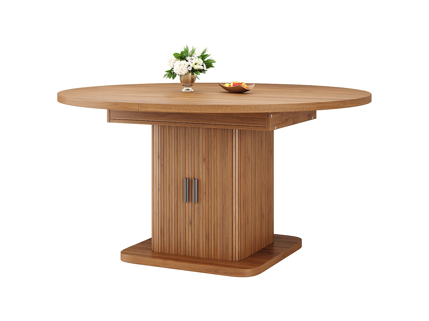Table à manger ovale et extensible avec 2 portes coulissantes et étagère amovible - MDF et métal - 110/149,8 x 110 x 75 cm - Noyer