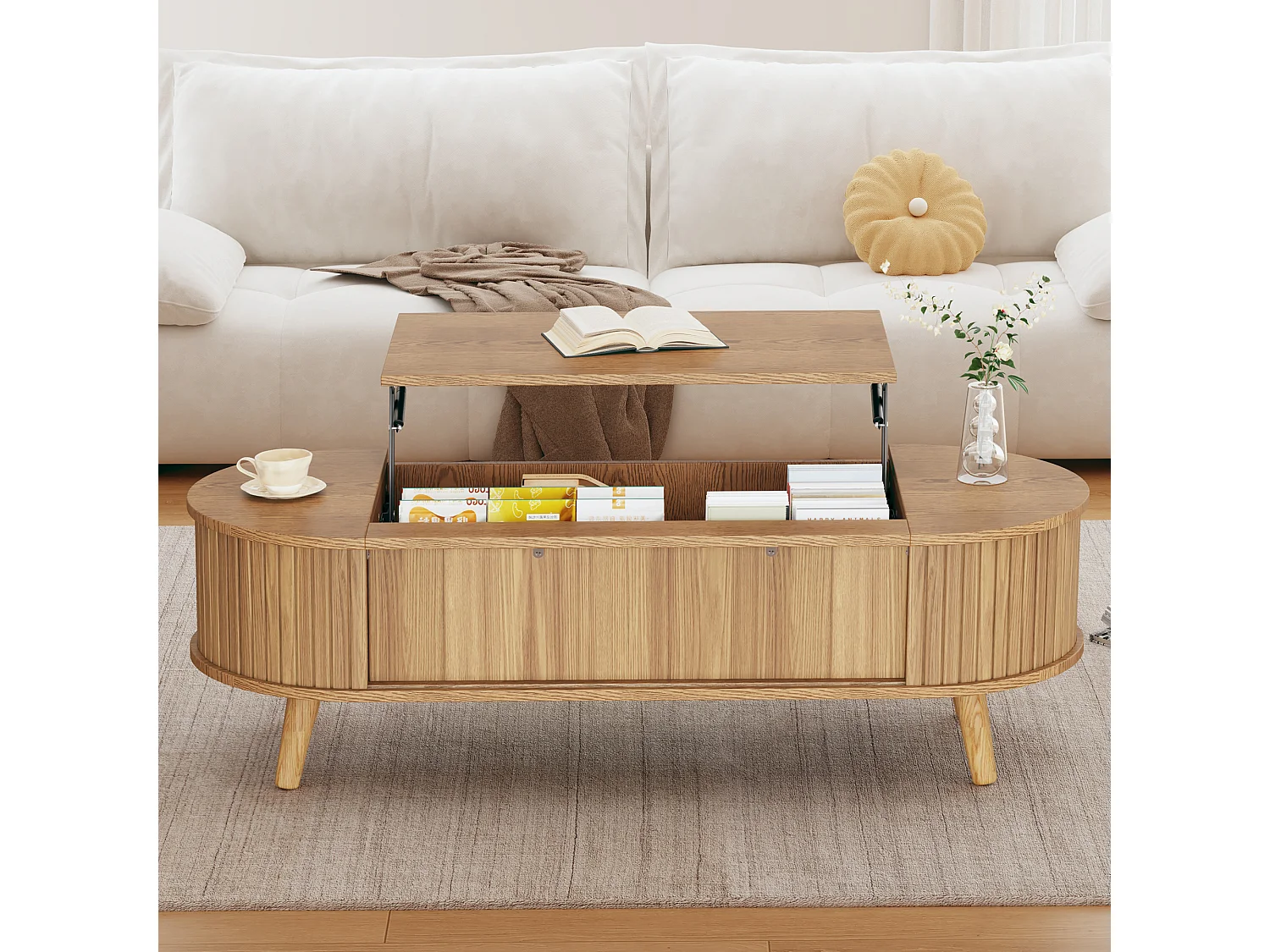 Mesa de centro com tampo elevatório e 4 prateleiras abertas - 120 x 50 x 39,5/53,5 cm - MDF - para sala de estar - Cor natural