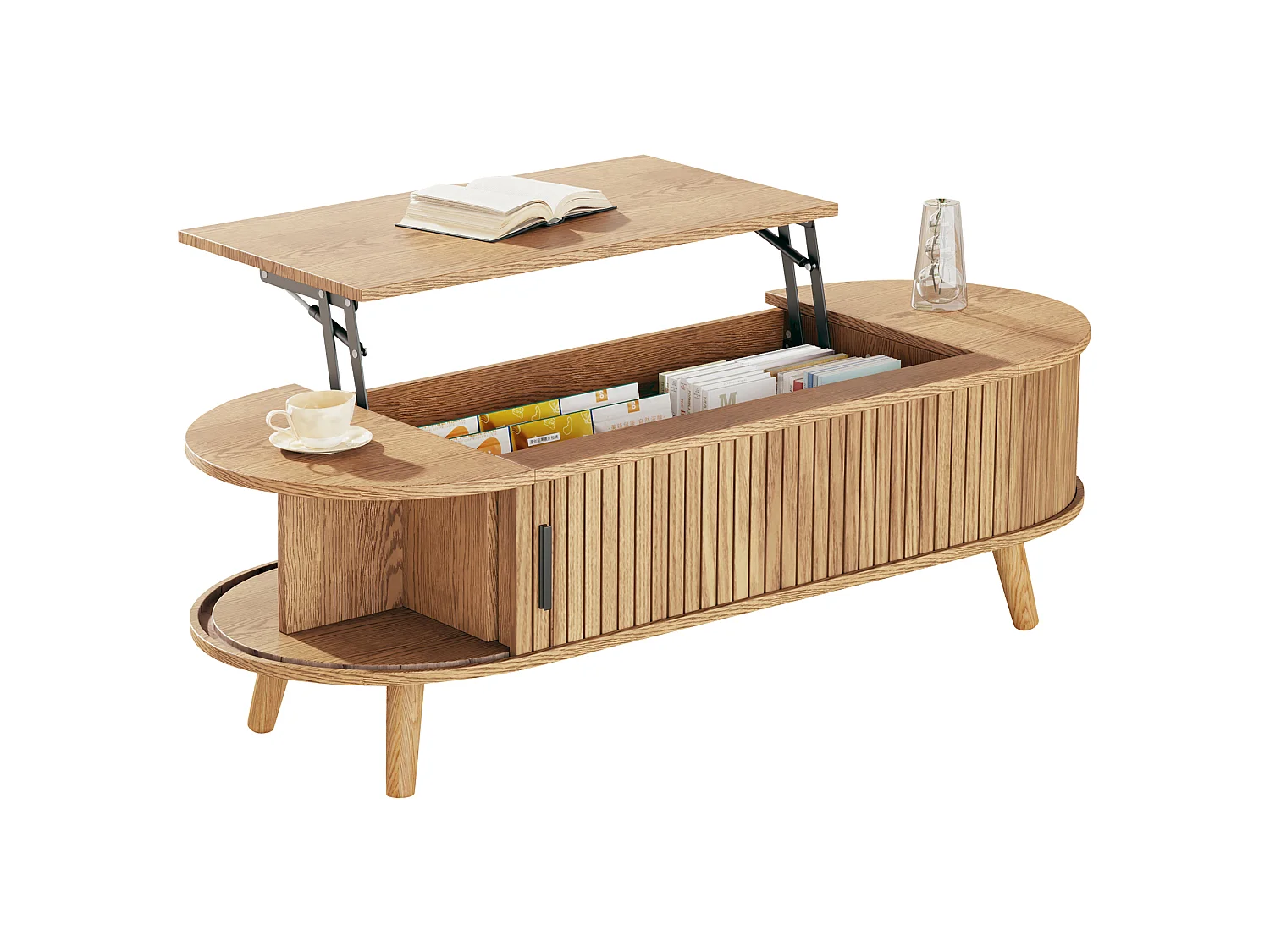 Mesa de centro com tampo elevatório e 4 prateleiras abertas - 120 x 50 x 39,5/53,5 cm - MDF - para sala de estar - Cor natural