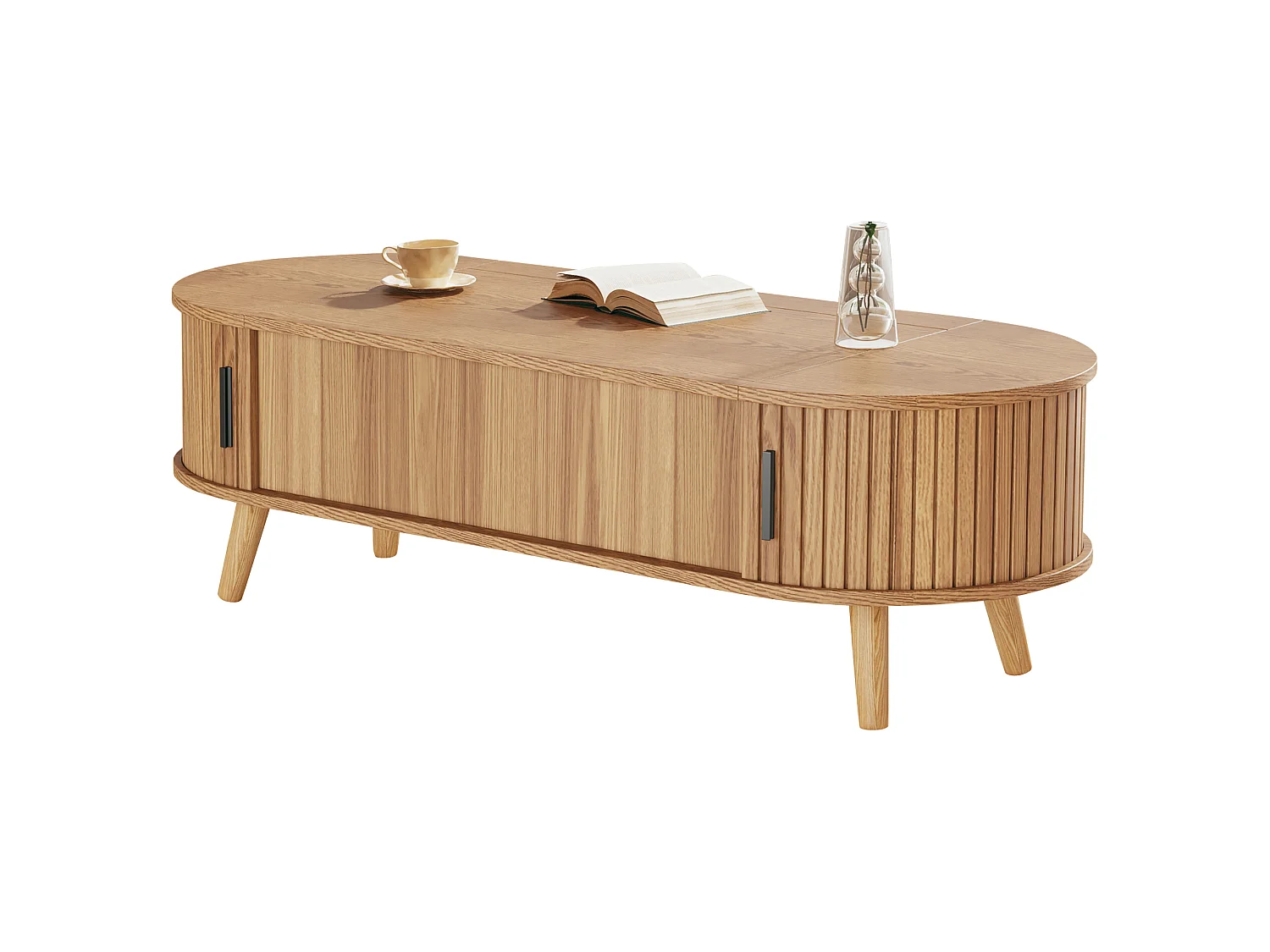 Mesa de centro com tampo elevatório e 4 prateleiras abertas - 120 x 50 x 39,5/53,5 cm - MDF - para sala de estar - Cor natural