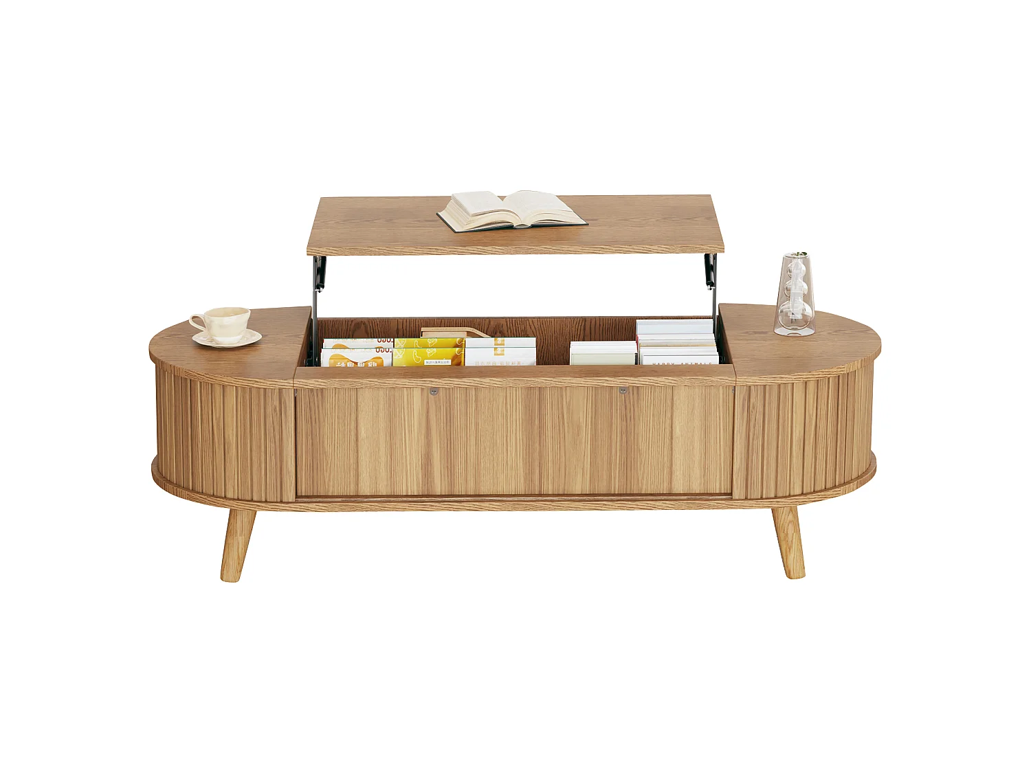 Mesa de centro com tampo elevatório e 4 prateleiras abertas - 120 x 50 x 39,5/53,5 cm - MDF - para sala de estar - Cor natural
