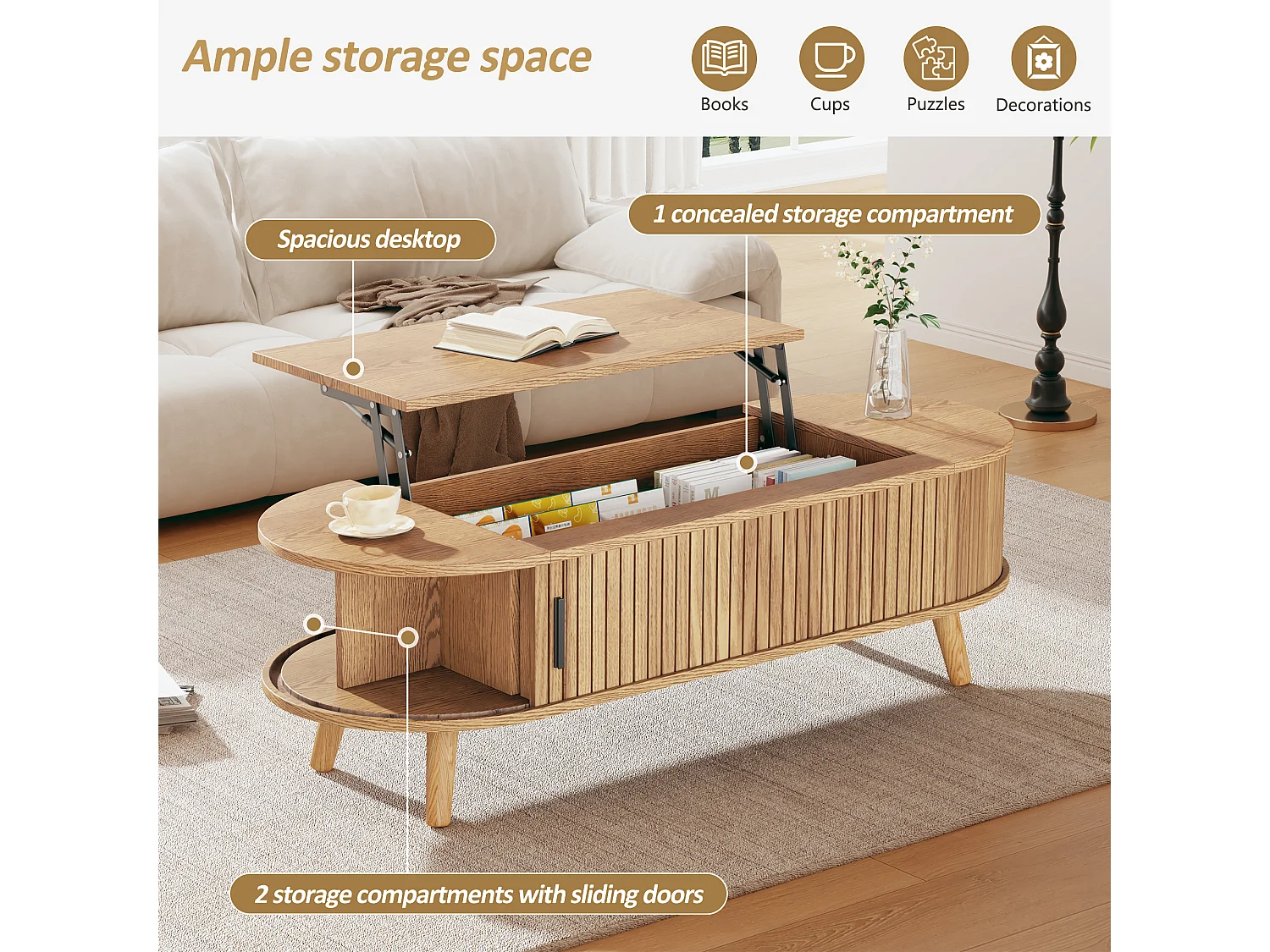 Mesa de centro com tampo elevatório e 4 prateleiras abertas - 120 x 50 x 39,5/53,5 cm - MDF - para sala de estar - Cor natural