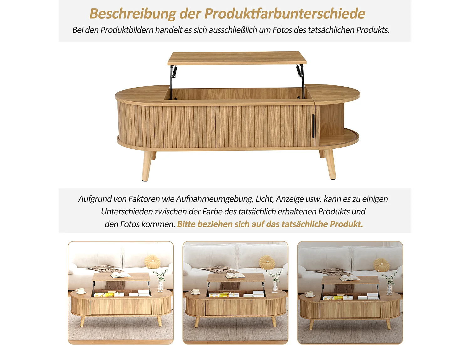 Mesa de centro com tampo elevatório e 4 prateleiras abertas - 120 x 50 x 39,5/53,5 cm - MDF - para sala de estar - Cor natural