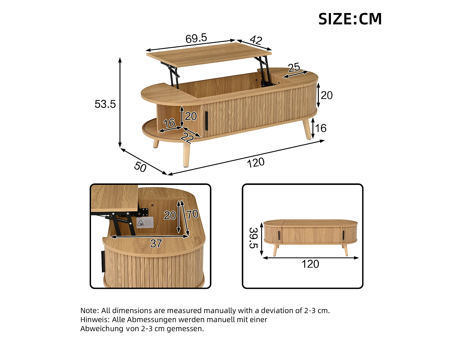 Mesa de centro com tampo elevatório e 4 prateleiras abertas - 120 x 50 x 39,5/53,5 cm - MDF - para sala de estar - Cor natural