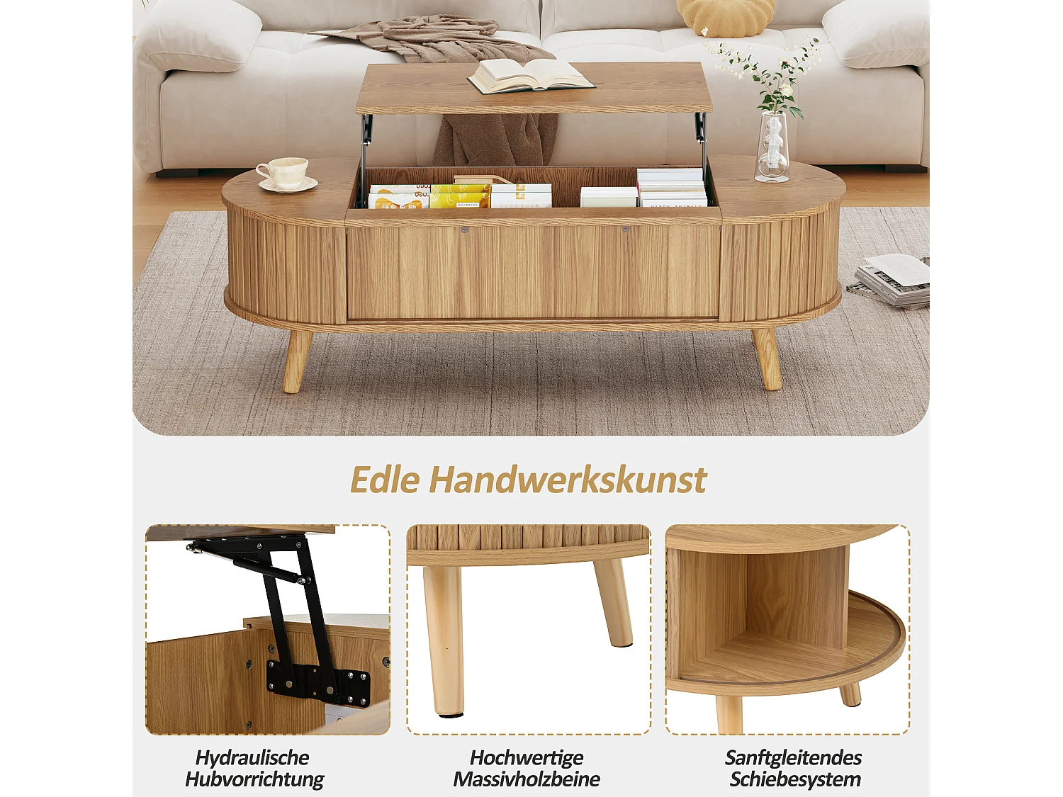 Mesa de centro com tampo elevatório e 4 prateleiras abertas - 120 x 50 x 39,5/53,5 cm - MDF - para sala de estar - Cor natural