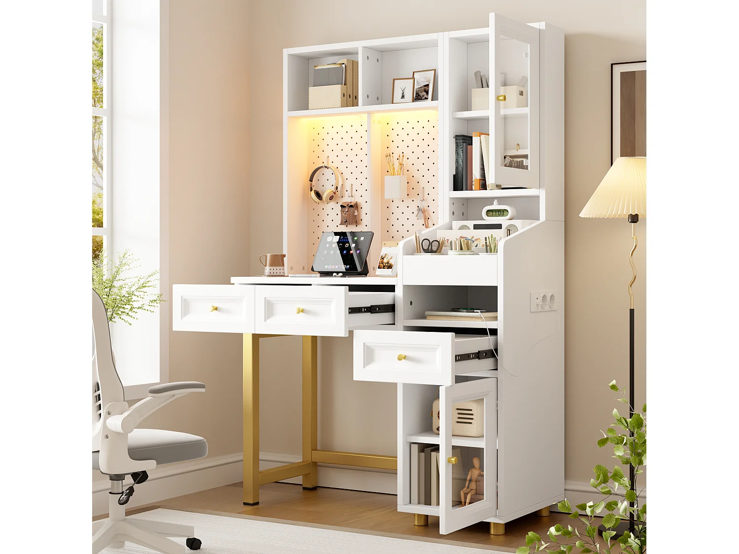 Schminktisch mit LED-Beleuchtung, Steckdosen, USB-/USB-C-Anschlüssen, 3 Schubladen und 2 Glastüren – MDF – 100 x 45 x 156 cm – Weiß
