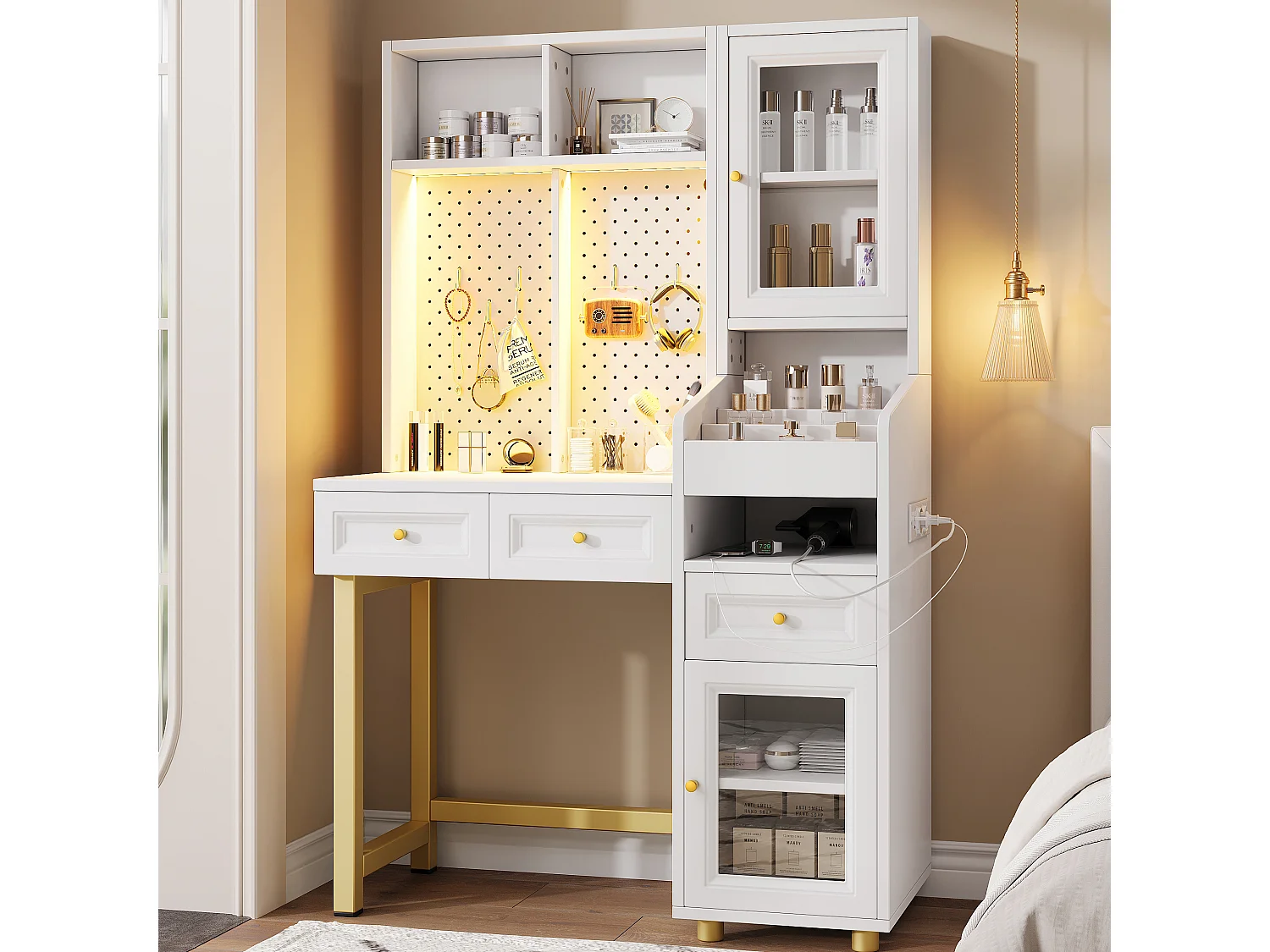 Schminktisch mit LED-Beleuchtung, Steckdosen, USB-/USB-C-Anschlüssen, 3 Schubladen und 2 Glastüren – MDF – 100 x 45 x 156 cm – Weiß
