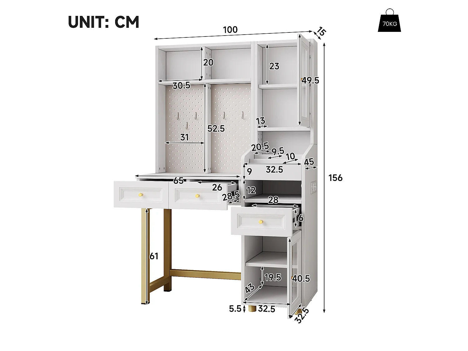 Schminktisch mit LED-Beleuchtung, Steckdosen, USB-/USB-C-Anschlüssen, 3 Schubladen und 2 Glastüren – MDF – 100 x 45 x 156 cm – Weiß