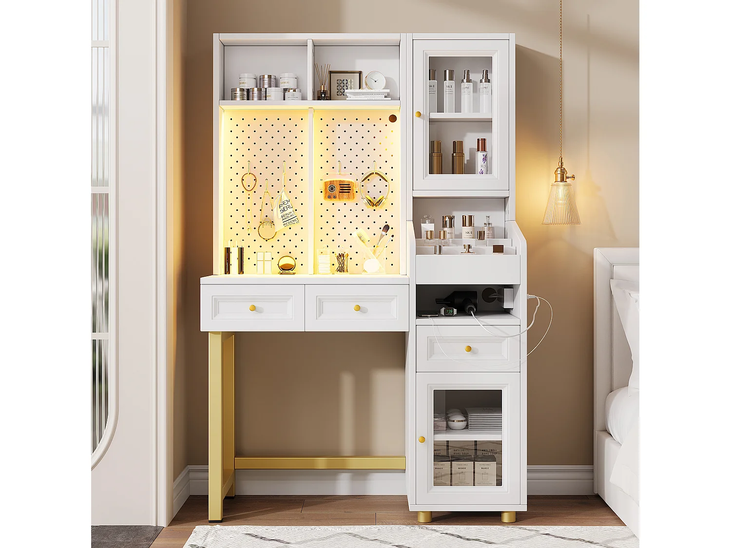 Schminktisch mit LED-Beleuchtung, Steckdosen, USB-/USB-C-Anschlüssen, 3 Schubladen und 2 Glastüren – MDF – 100 x 45 x 156 cm – Weiß