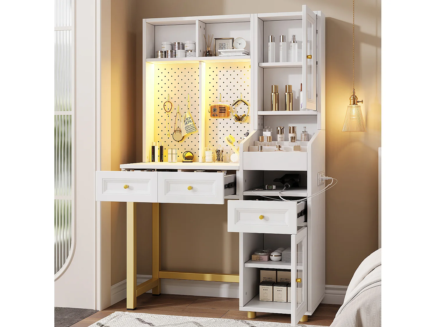 Schminktisch mit LED-Beleuchtung, Steckdosen, USB-/USB-C-Anschlüssen, 3 Schubladen und 2 Glastüren – MDF – 100 x 45 x 156 cm – Weiß