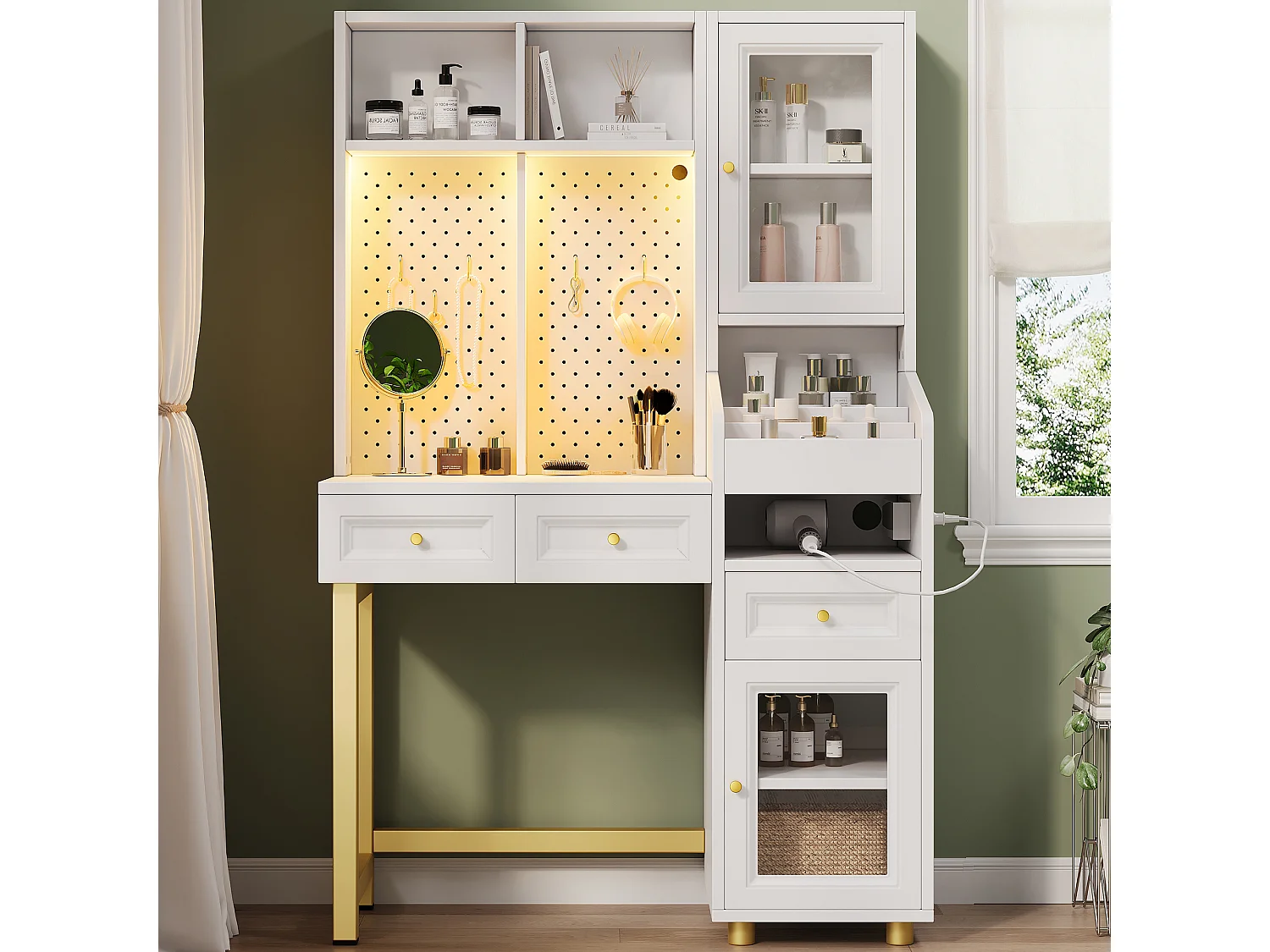 Schminktisch mit LED-Beleuchtung, Steckdosen, USB-/USB-C-Anschlüssen, 3 Schubladen und 2 Glastüren – MDF – 100 x 45 x 156 cm – Weiß