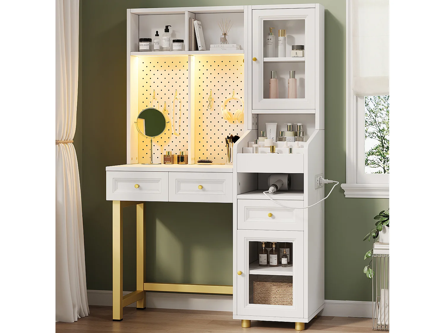 Schminktisch mit LED-Beleuchtung, Steckdosen, USB-/USB-C-Anschlüssen, 3 Schubladen und 2 Glastüren – MDF – 100 x 45 x 156 cm – Weiß
