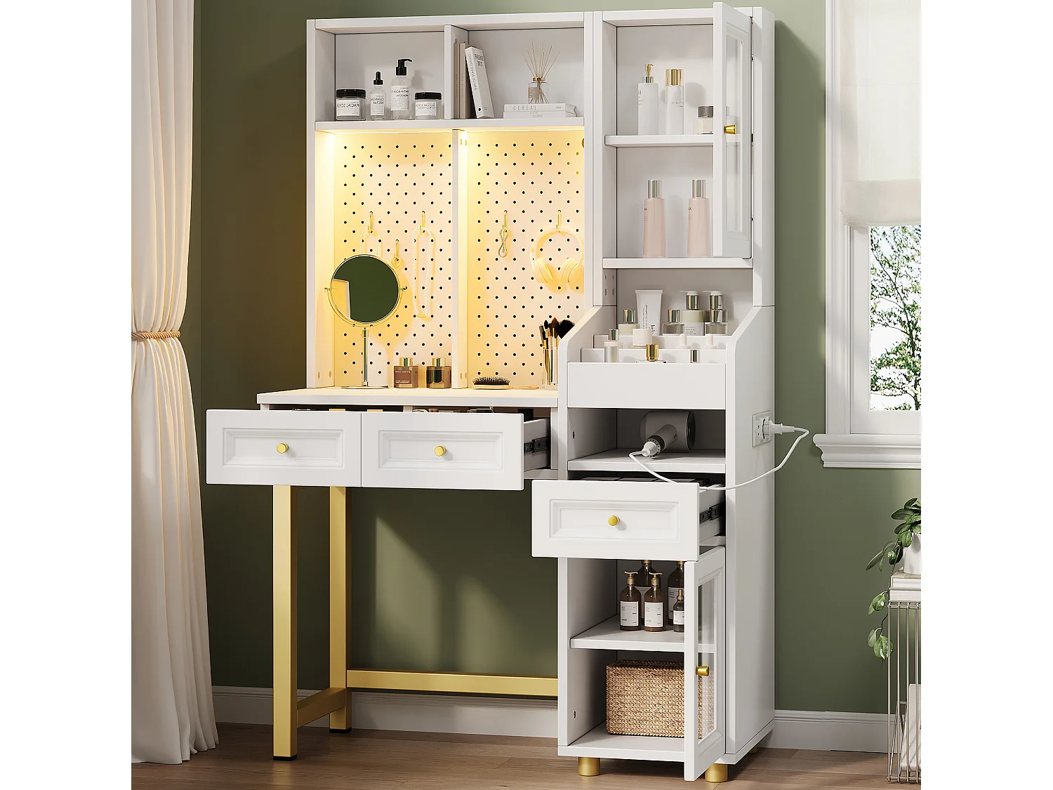 Schminktisch mit LED-Beleuchtung, Steckdosen, USB-/USB-C-Anschlüssen, 3 Schubladen und 2 Glastüren – MDF – 100 x 45 x 156 cm – Weiß