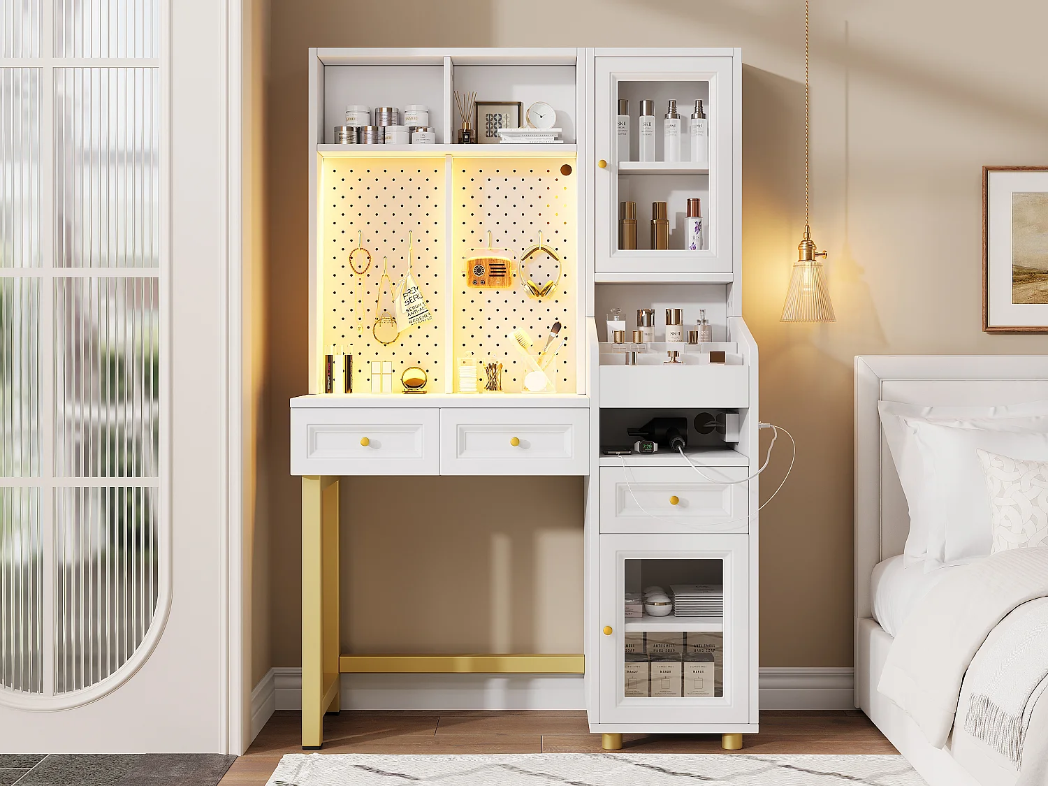 Schminktisch mit LED-Beleuchtung, Steckdosen, USB-/USB-C-Anschlüssen, 3 Schubladen und 2 Glastüren – MDF – 100 x 45 x 156 cm – Weiß