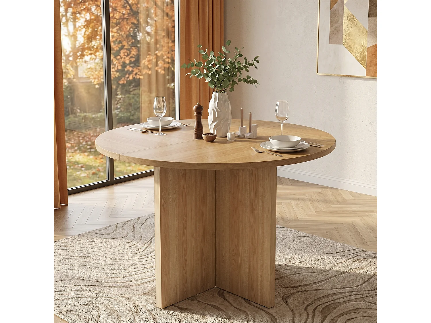 Table à manger ronde 120 cm pour 4 à 6 couverts avec design scandinave minimaliste - MDF - 120 x 120 x 75 cm - Chêne