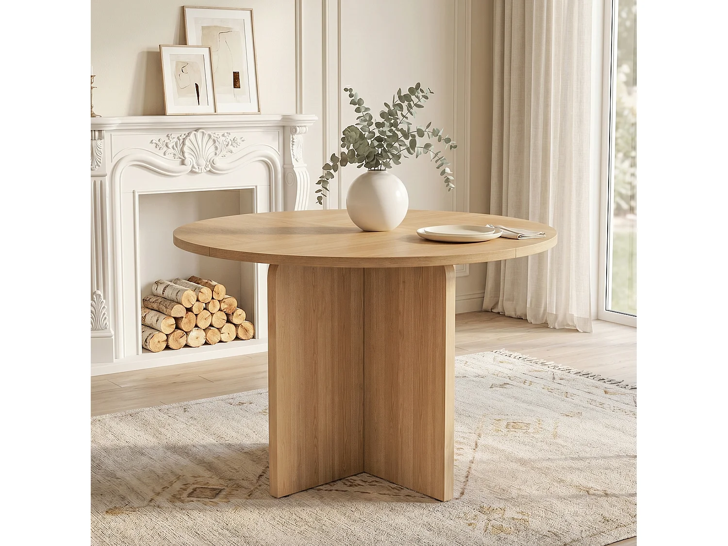 Table à manger ronde 120 cm pour 4 à 6 couverts avec design scandinave minimaliste - MDF - 120 x 120 x 75 cm - Chêne