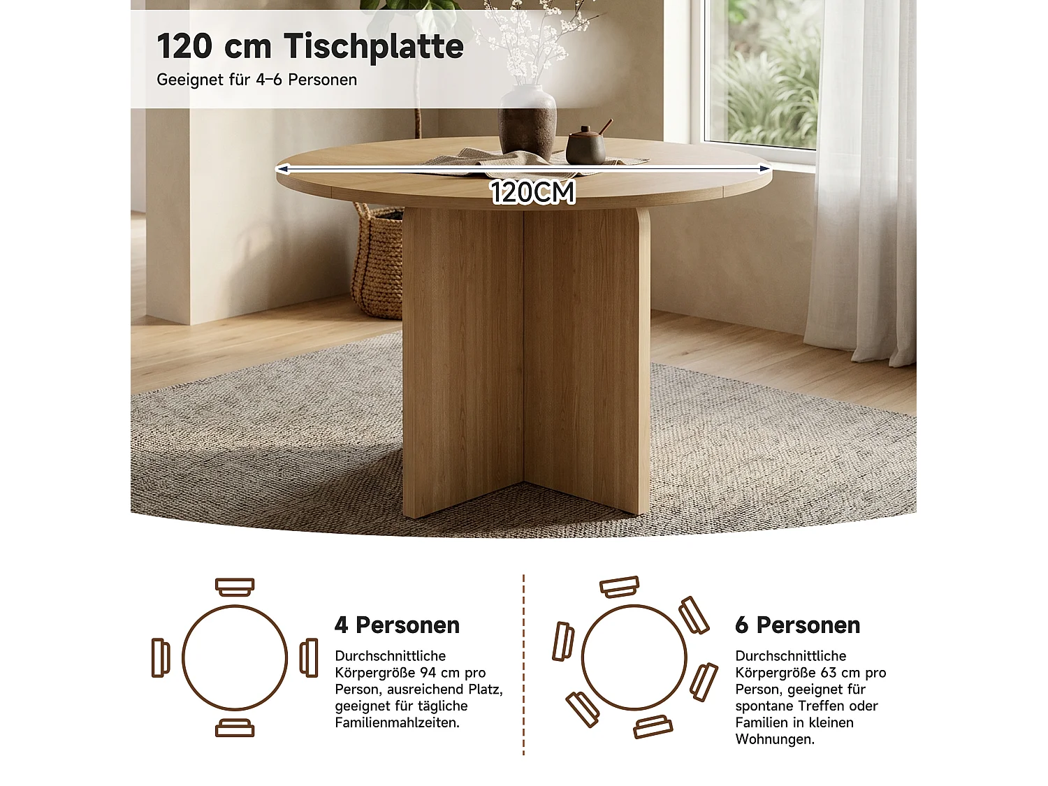 Table à manger ronde 120 cm pour 4 à 6 couverts avec design scandinave minimaliste - MDF - 120 x 120 x 75 cm - Chêne