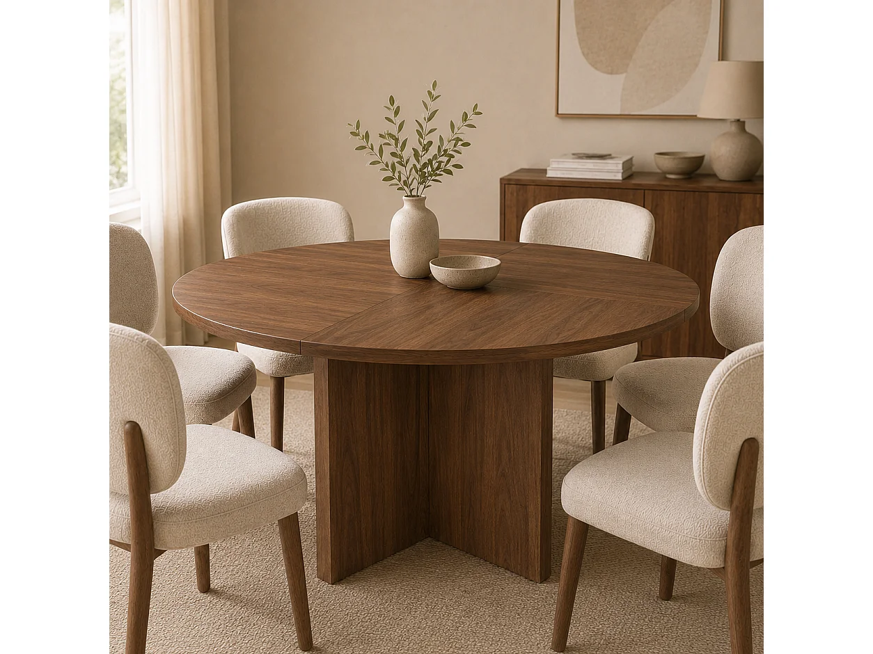 Table à manger ronde 120 cm pour 4 à 6 couverts avec design scandinave minimaliste - MDF - 120 x 120 x 75 cm - Noyer