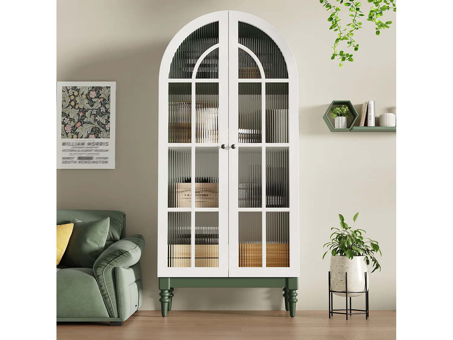 Vintage-Vitrine mit geschwungenem Bogen, zwei geriffelten Glastüren und drei Einlegeböden – MDF und Metall – 76 × 38,5 × 165 cm – Dunkelgrün + Weiß