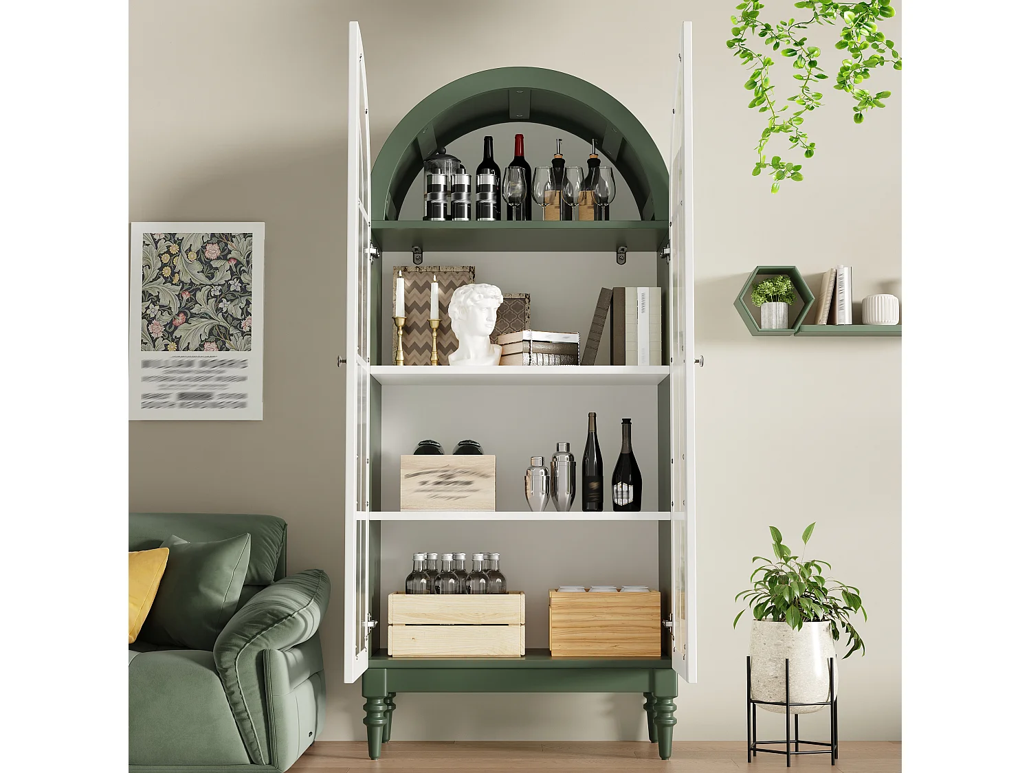 Vintage-Vitrine mit geschwungenem Bogen, zwei geriffelten Glastüren und drei Einlegeböden – MDF und Metall – 76 × 38,5 × 165 cm – Dunkelgrün + Weiß
