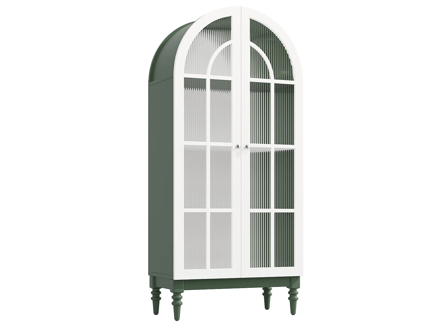 Vintage-Vitrine mit geschwungenem Bogen, zwei geriffelten Glastüren und drei Einlegeböden – MDF und Metall – 76 × 38,5 × 165 cm – Dunkelgrün + Weiß