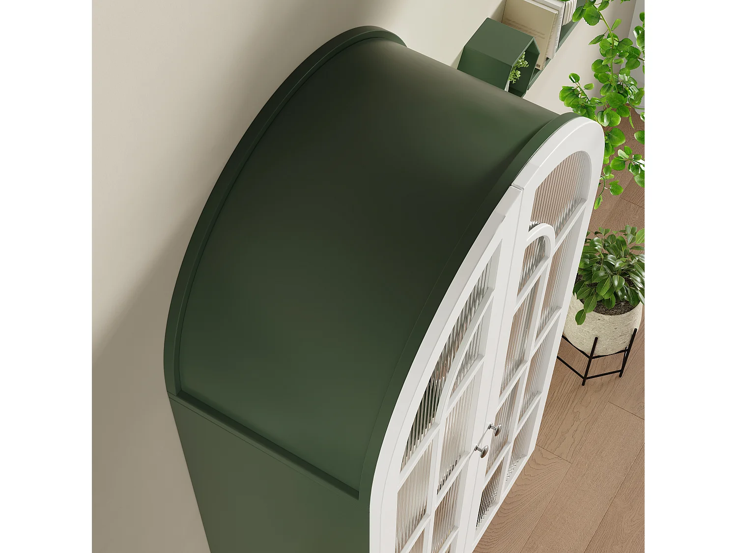 Vintage-Vitrine mit geschwungenem Bogen, zwei geriffelten Glastüren und drei Einlegeböden – MDF und Metall – 76 × 38,5 × 165 cm – Dunkelgrün + Weiß