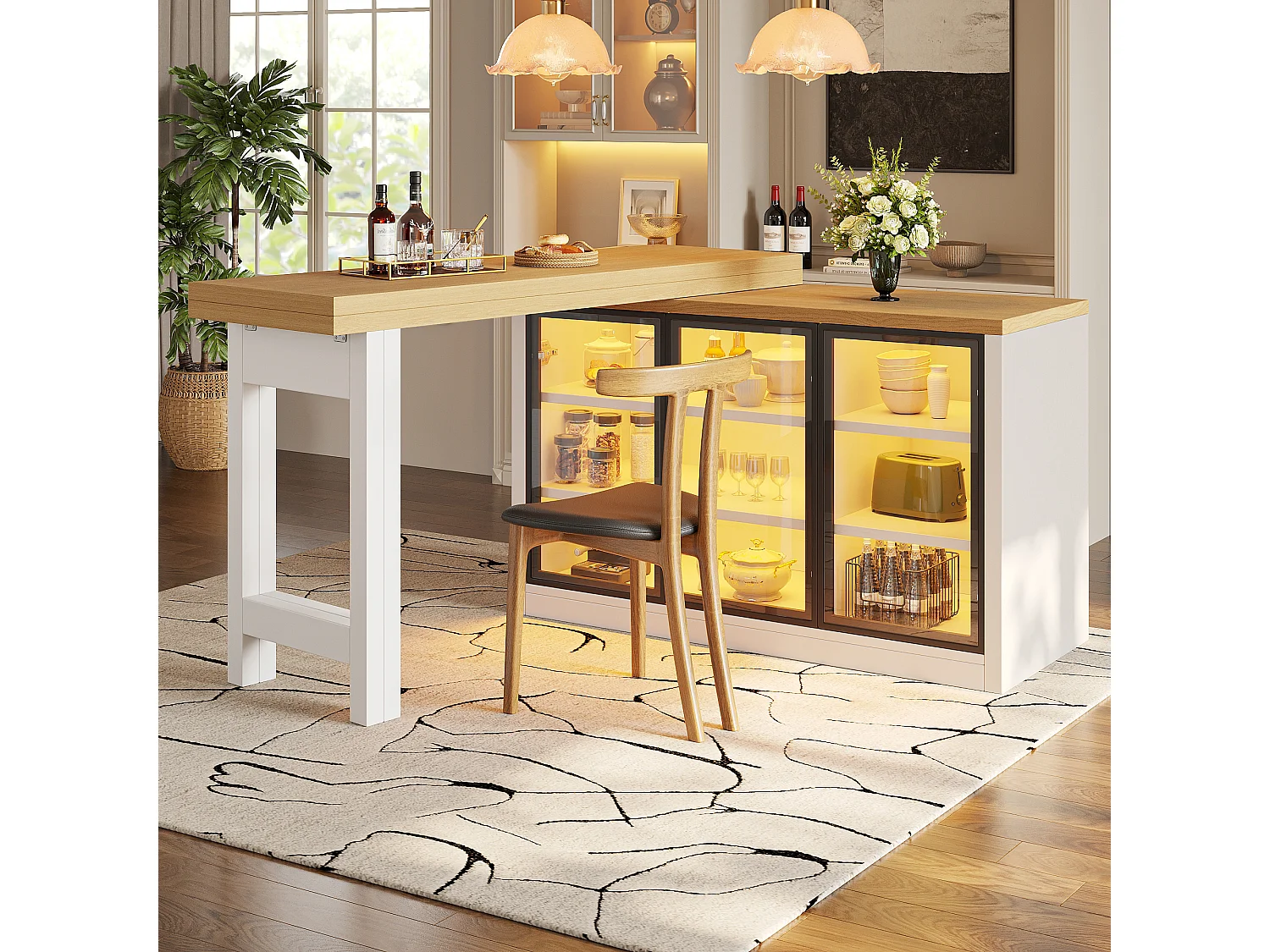 Wielofunkcyjny rozkładany stół jadalny z obrotem 360°, 3 szklanymi drzwiami i oświetleniem LED - MDF i szkło - 120/197 x 40 x 72 cm - biały