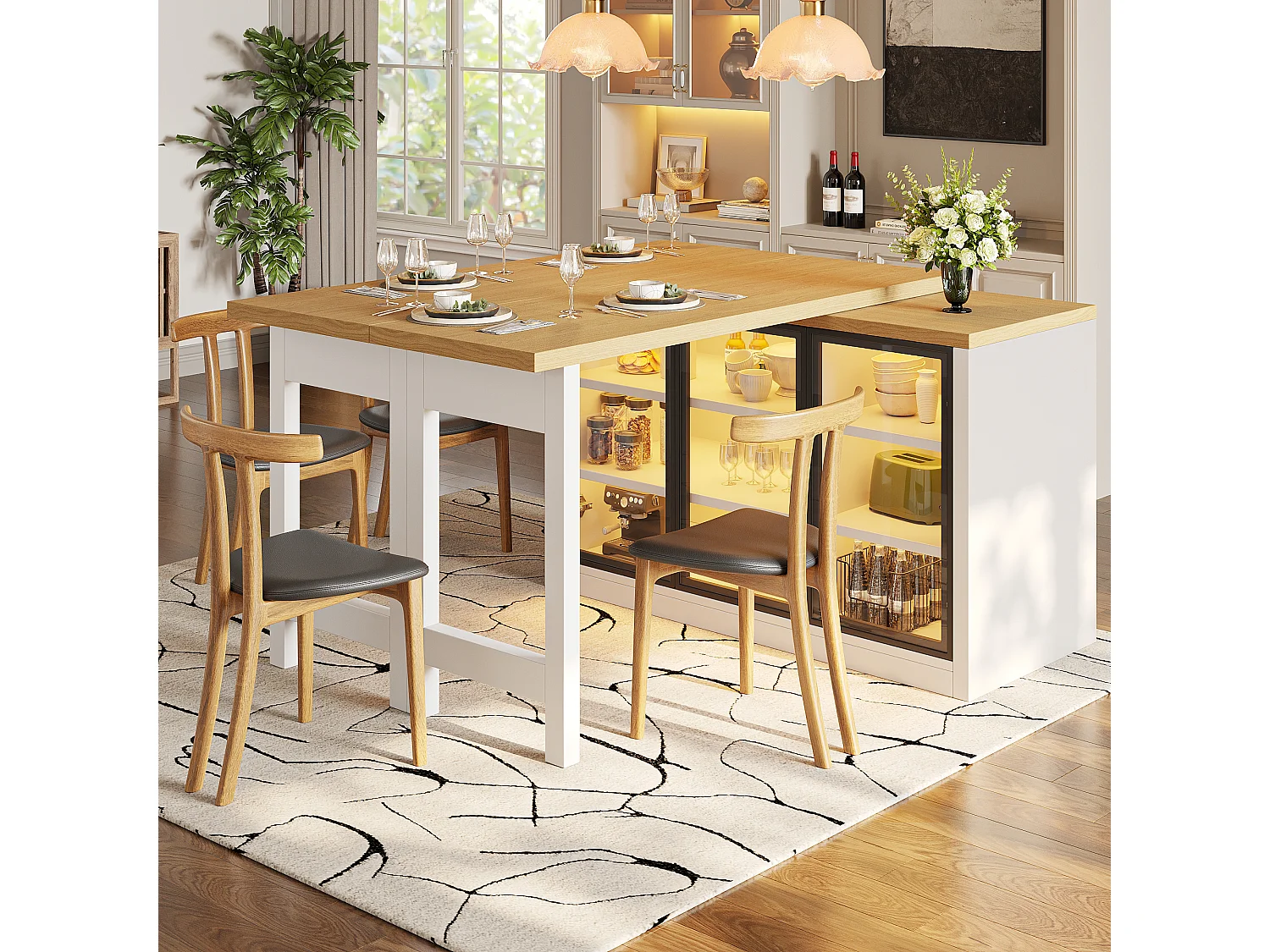 Wielofunkcyjny rozkładany stół jadalny z obrotem 360°, 3 szklanymi drzwiami i oświetleniem LED - MDF i szkło - 120/197 x 40 x 72 cm - biały