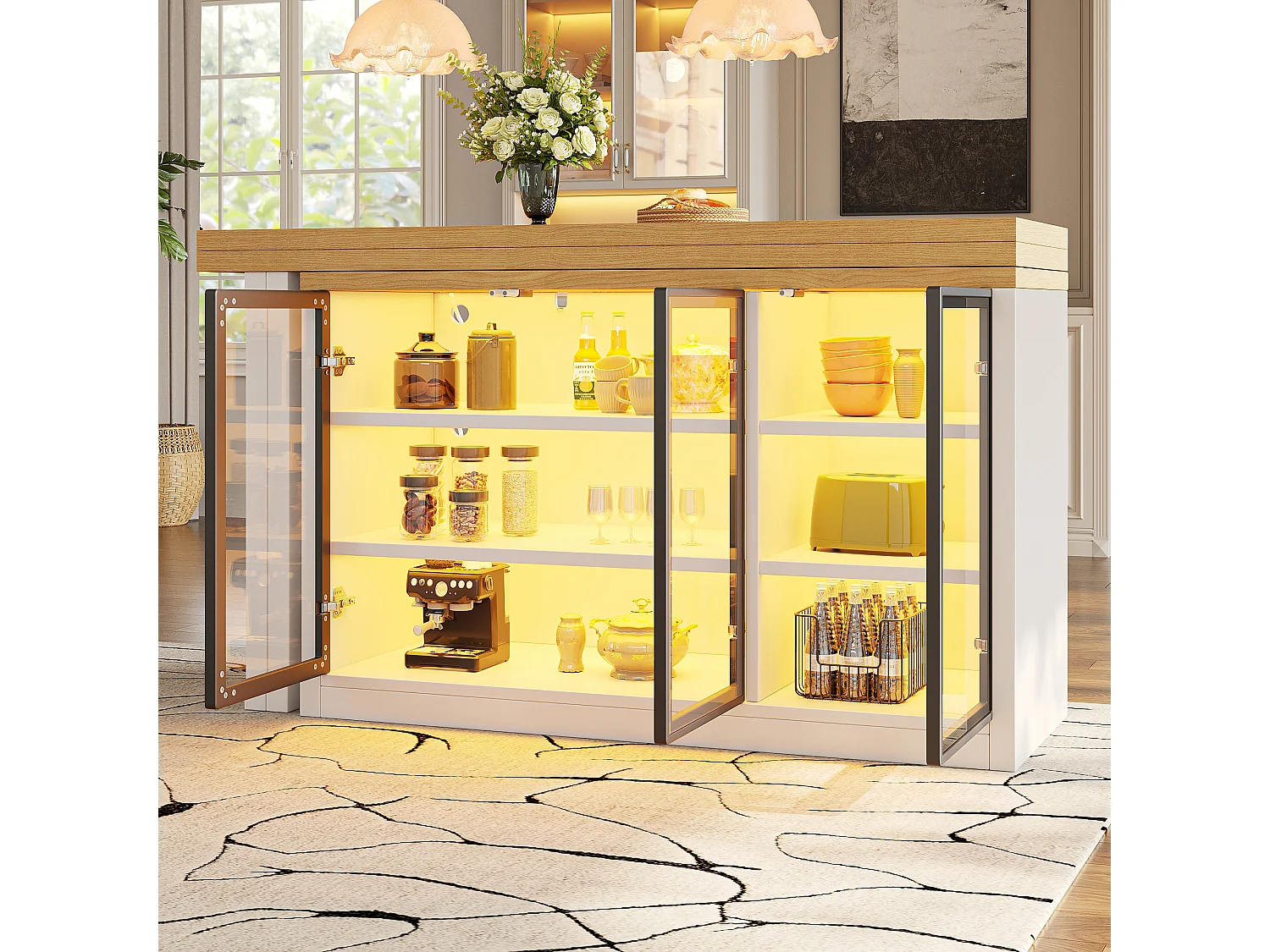 Wielofunkcyjny rozkładany stół jadalny z obrotem 360°, 3 szklanymi drzwiami i oświetleniem LED - MDF i szkło - 120/197 x 40 x 72 cm - biały