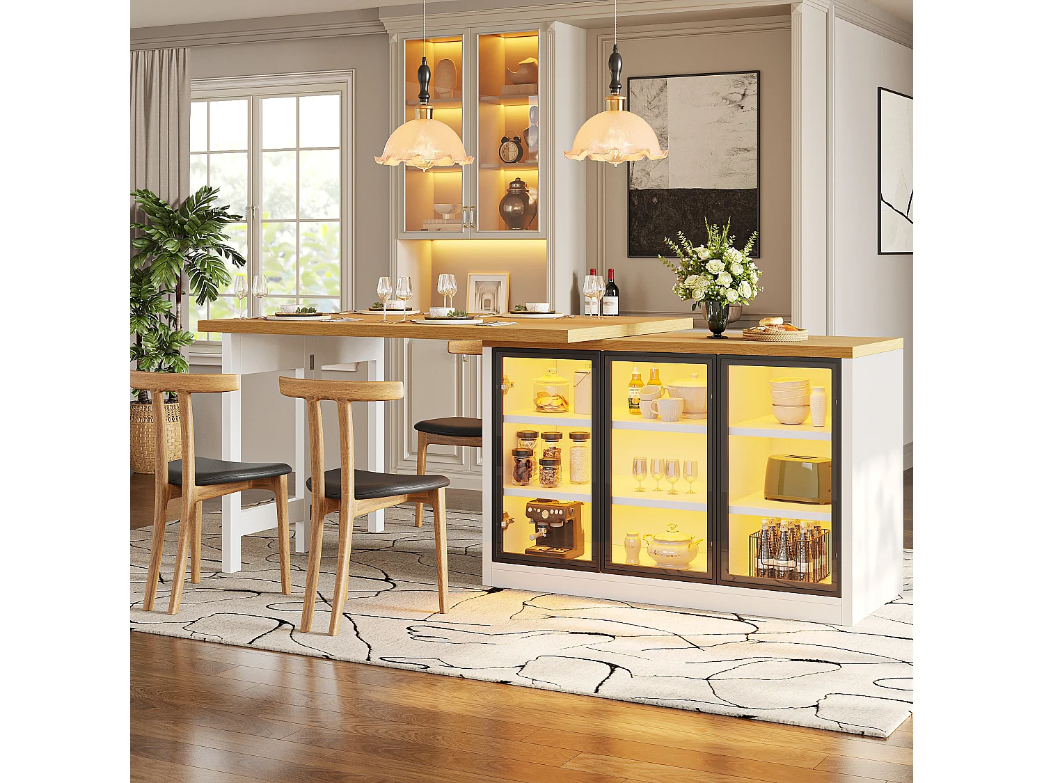 Wielofunkcyjny rozkładany stół jadalny z obrotem 360°, 3 szklanymi drzwiami i oświetleniem LED - MDF i szkło - 120/197 x 40 x 72 cm - biały