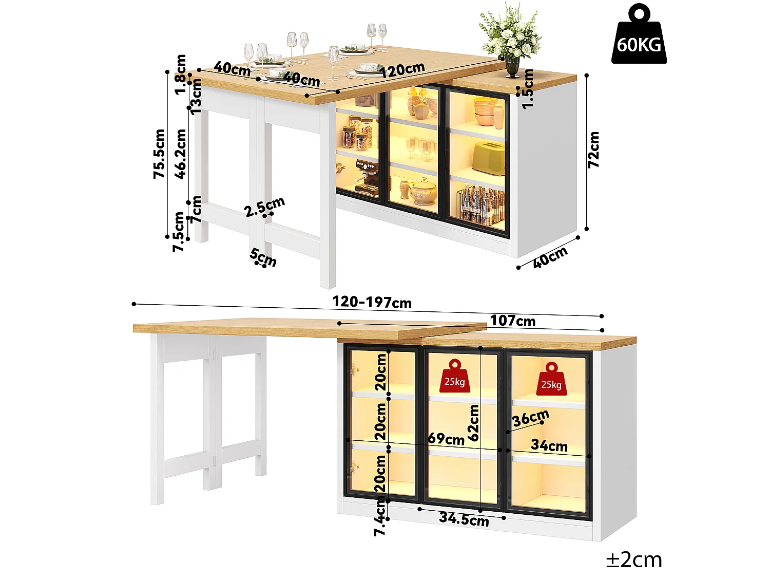 Wielofunkcyjny rozkładany stół jadalny z obrotem 360°, 3 szklanymi drzwiami i oświetleniem LED - MDF i szkło - 120/197 x 40 x 72 cm - biały