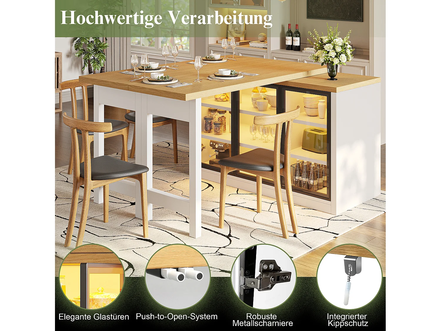Wielofunkcyjny rozkładany stół jadalny z obrotem 360°, 3 szklanymi drzwiami i oświetleniem LED - MDF i szkło - 120/197 x 40 x 72 cm - biały
