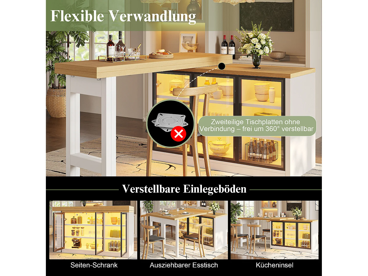 Wielofunkcyjny rozkładany stół jadalny z obrotem 360°, 3 szklanymi drzwiami i oświetleniem LED - MDF i szkło - 120/197 x 40 x 72 cm - biały