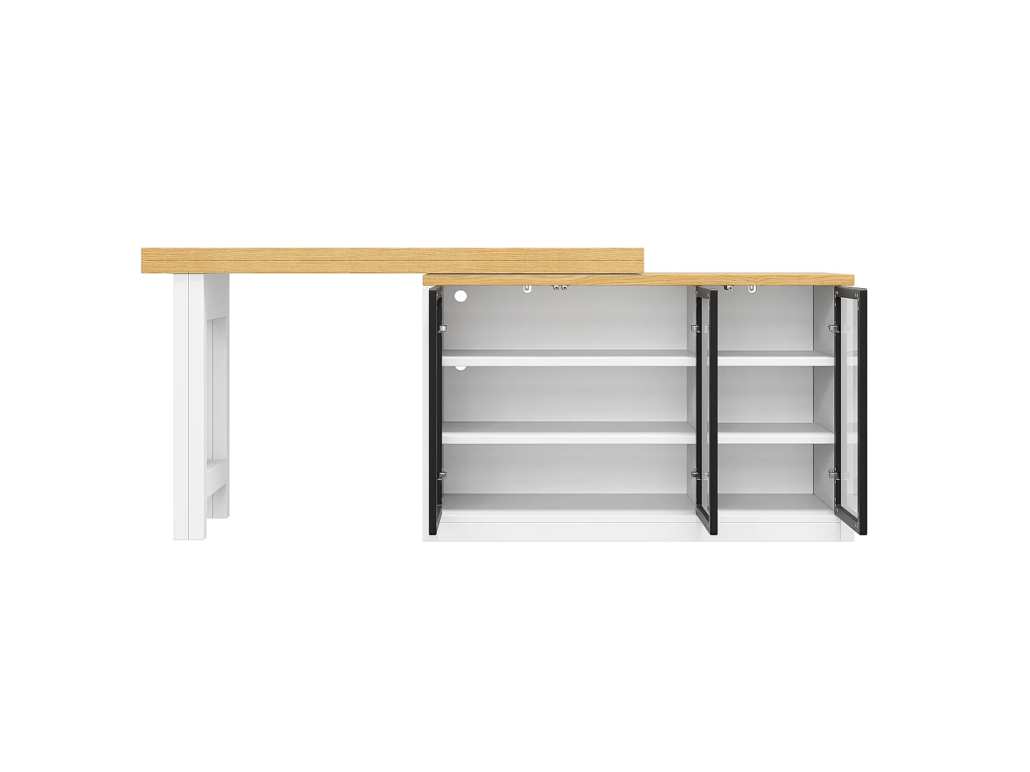 Wielofunkcyjny rozkładany stół jadalny z obrotem 360°, 3 szklanymi drzwiami i oświetleniem LED - MDF i szkło - 120/197 x 40 x 72 cm - biały