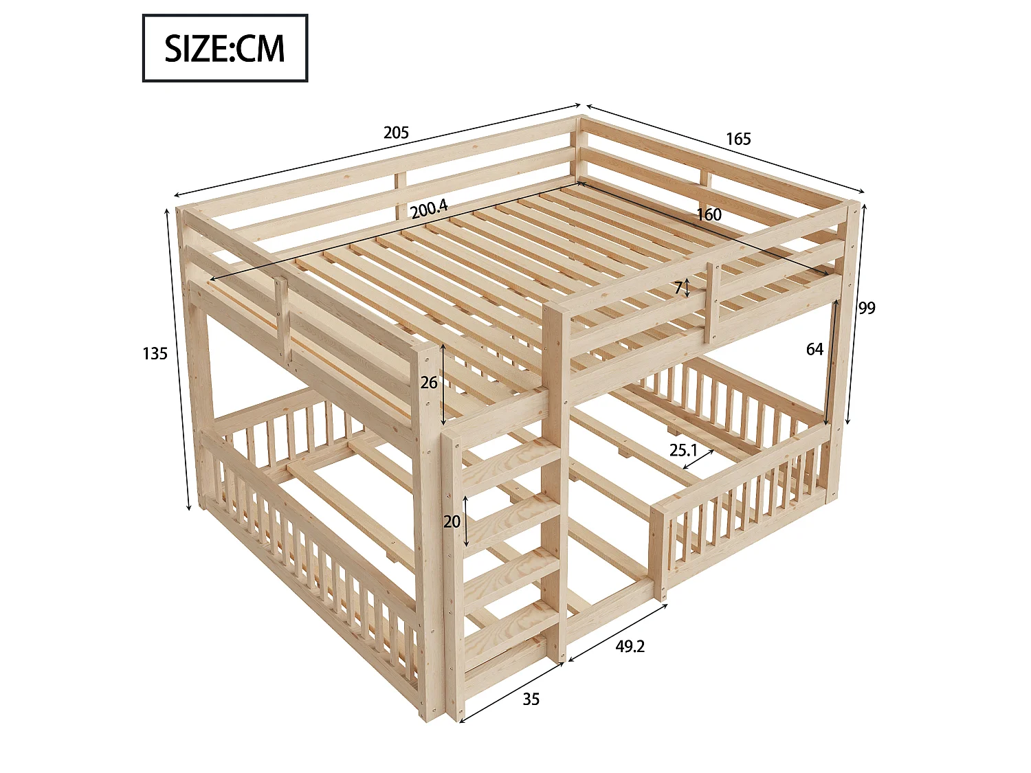 Letti a castello 160 x 200 cm con sponde di sicurezza - Pino + MDF - Legno naturale (materasso non incluso)