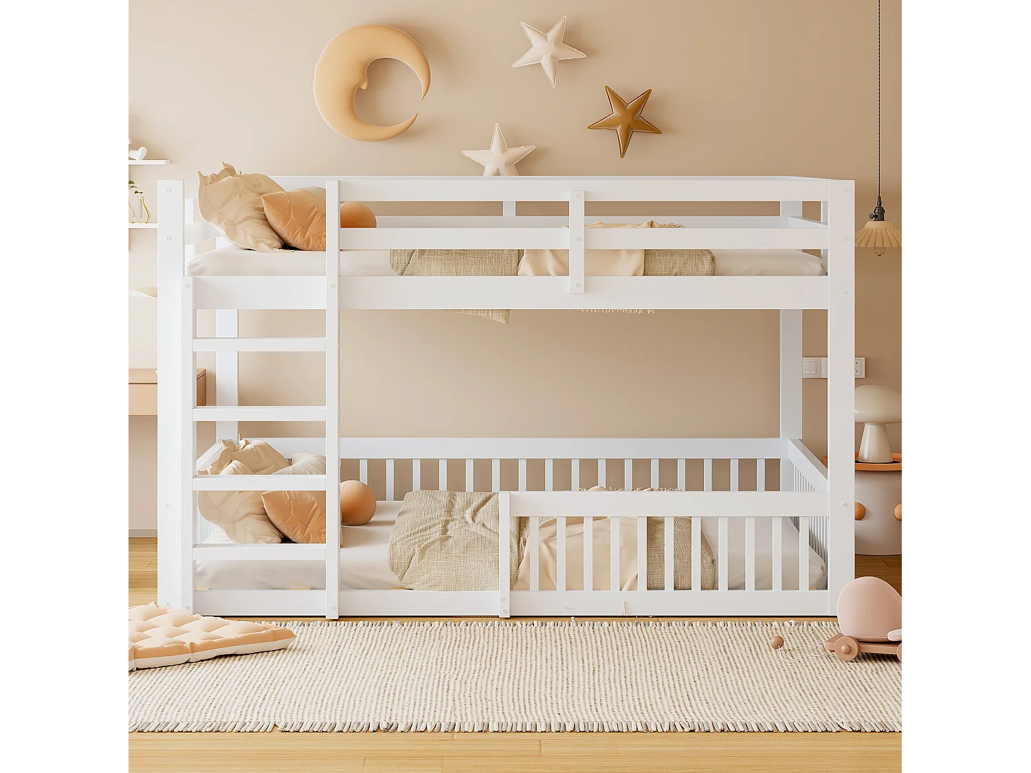 Letti a castello 160 x 200 cm con sponde di sicurezza - Pino + MDF - Bianco (Materasso non incluso)