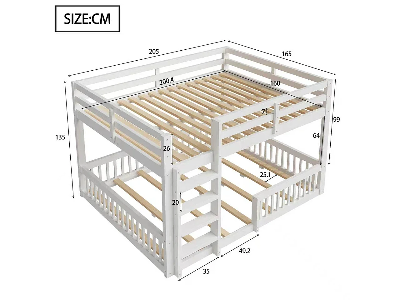 Letti a castello 160 x 200 cm con sponde di sicurezza - Pino + MDF - Bianco (Materasso non incluso)