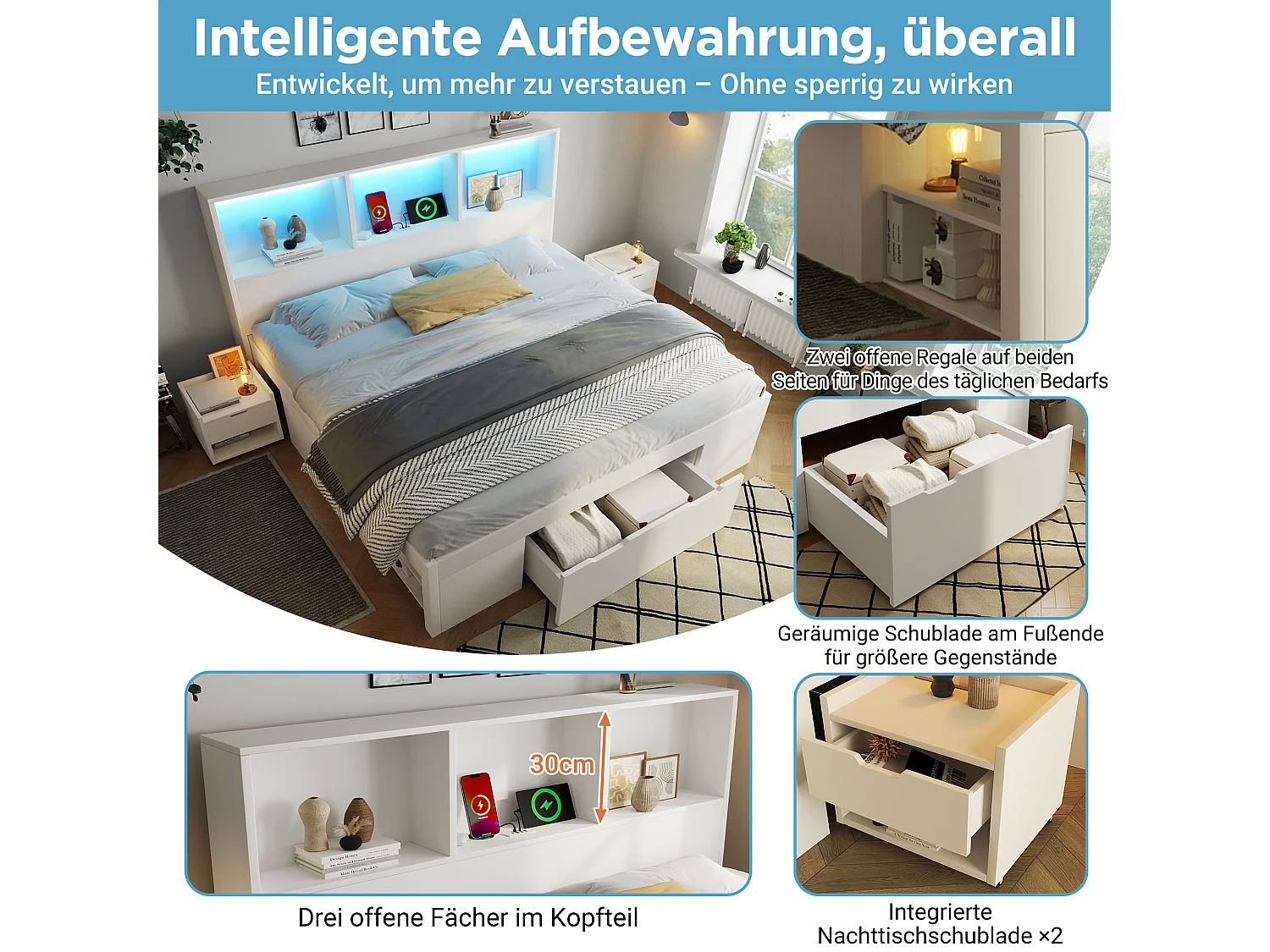 140 x 200 cm seng med 1 skuffe og 2 mobile natborde – LED, USB/USB-C – Massivt træ, MDF og spånplade – Hvid