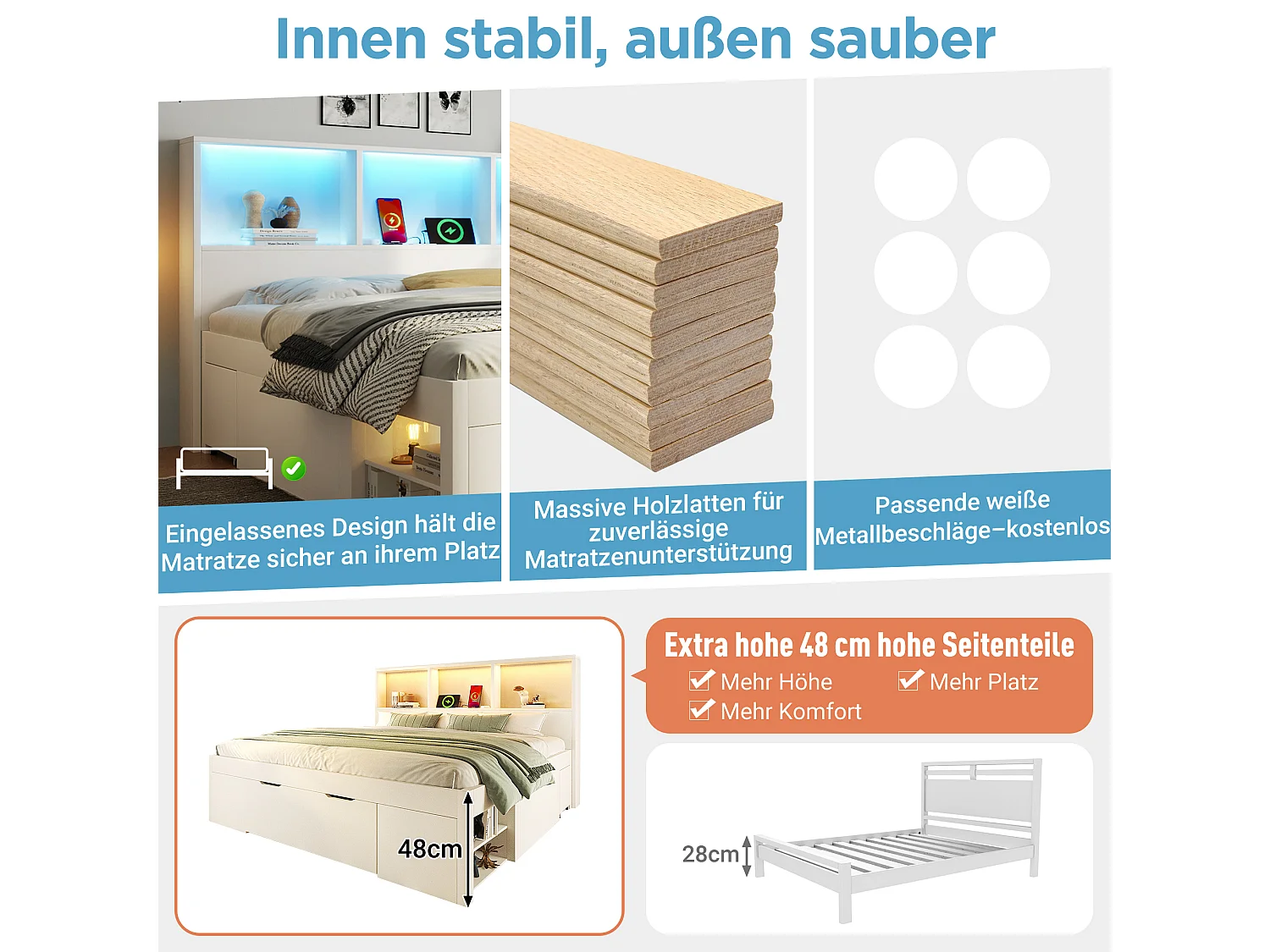 140 x 200 cm seng med 1 skuffe og 2 mobile natborde – LED, USB/USB-C – Massivt træ, MDF og spånplade – Hvid