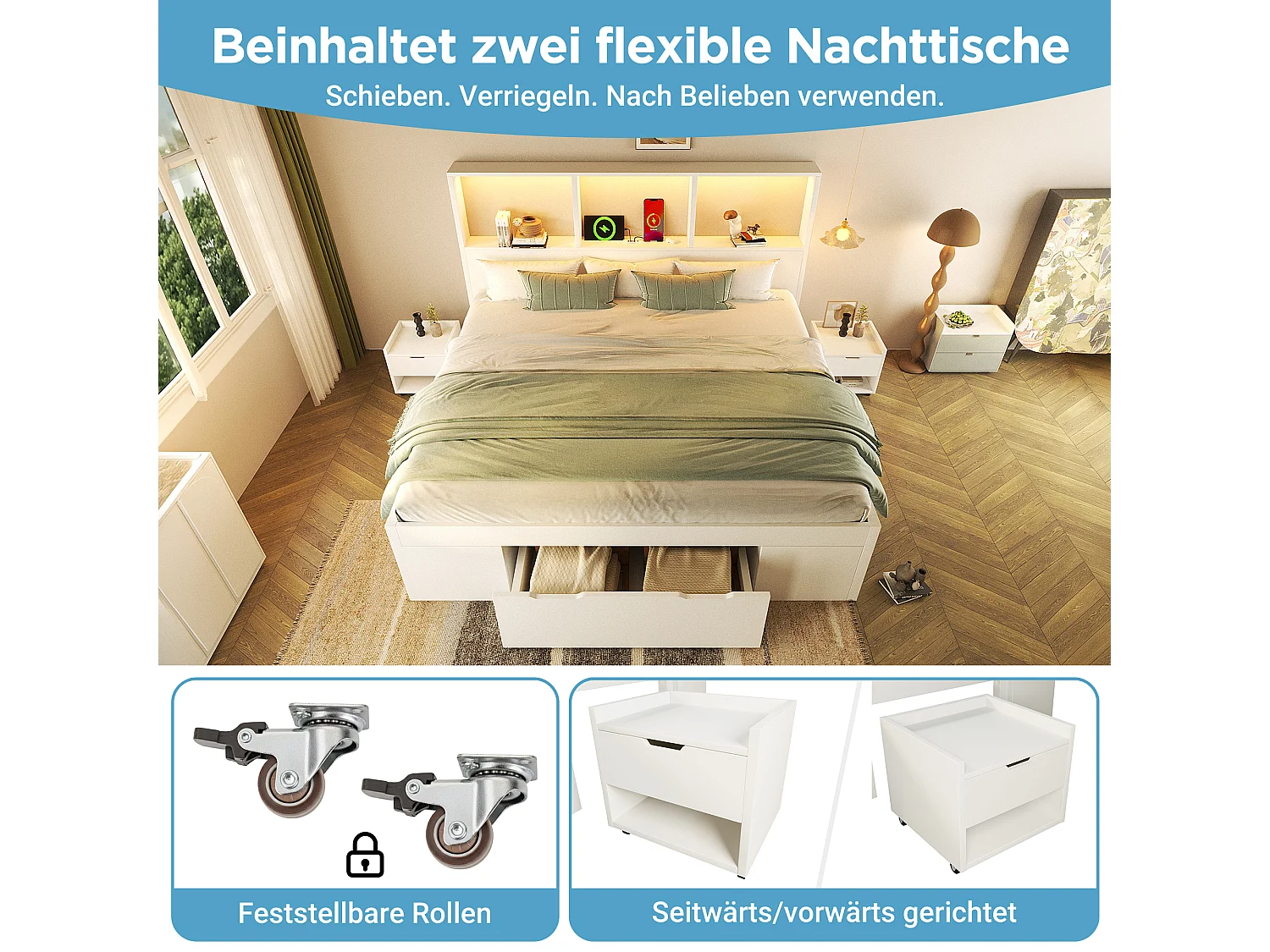 140 x 200 cm seng med 1 skuffe og 2 mobile natborde – LED, USB/USB-C – Massivt træ, MDF og spånplade – Hvid