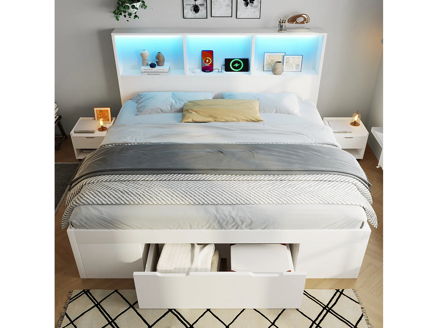 140 x 200 cm seng med 1 skuffe og 2 mobile natborde – LED, USB/USB-C – Massivt træ, MDF og spånplade – Hvid