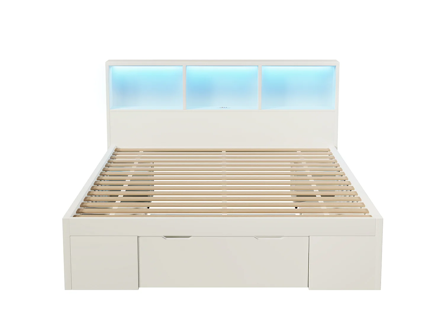 140 x 200 cm seng med 1 skuffe og 2 mobile natborde – LED, USB/USB-C – Massivt træ, MDF og spånplade – Hvid