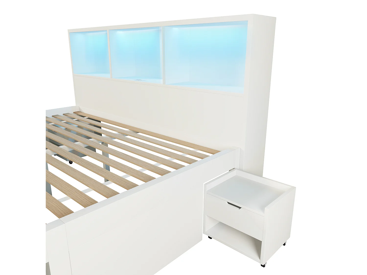 140 x 200 cm seng med 1 skuffe og 2 mobile natborde – LED, USB/USB-C – Massivt træ, MDF og spånplade – Hvid