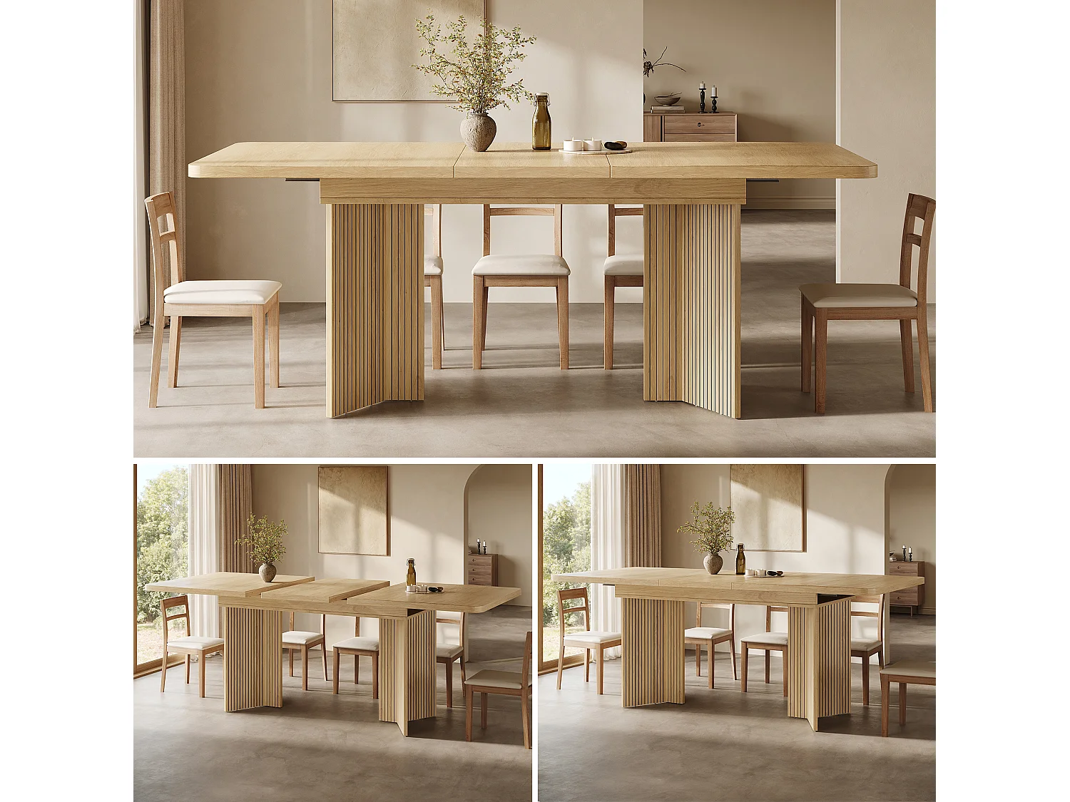 Table à manger extensible rectangulaire avec pieds en V rainurés verticaux - MDF et métal - 120/160 x 80 x 76,1 cm - Chêne clair